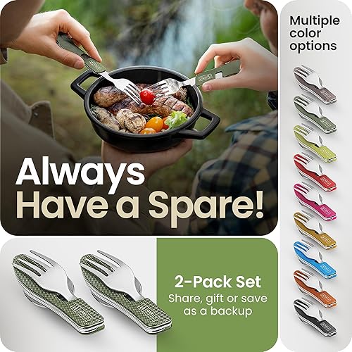 Miniatura 6 de Orblue Utensilios de comida 4 en 1, paquete de 2  Cuchara portátil, tenedor, cuchillo y abridor de botellas, cubiertos de acero inoxidable con