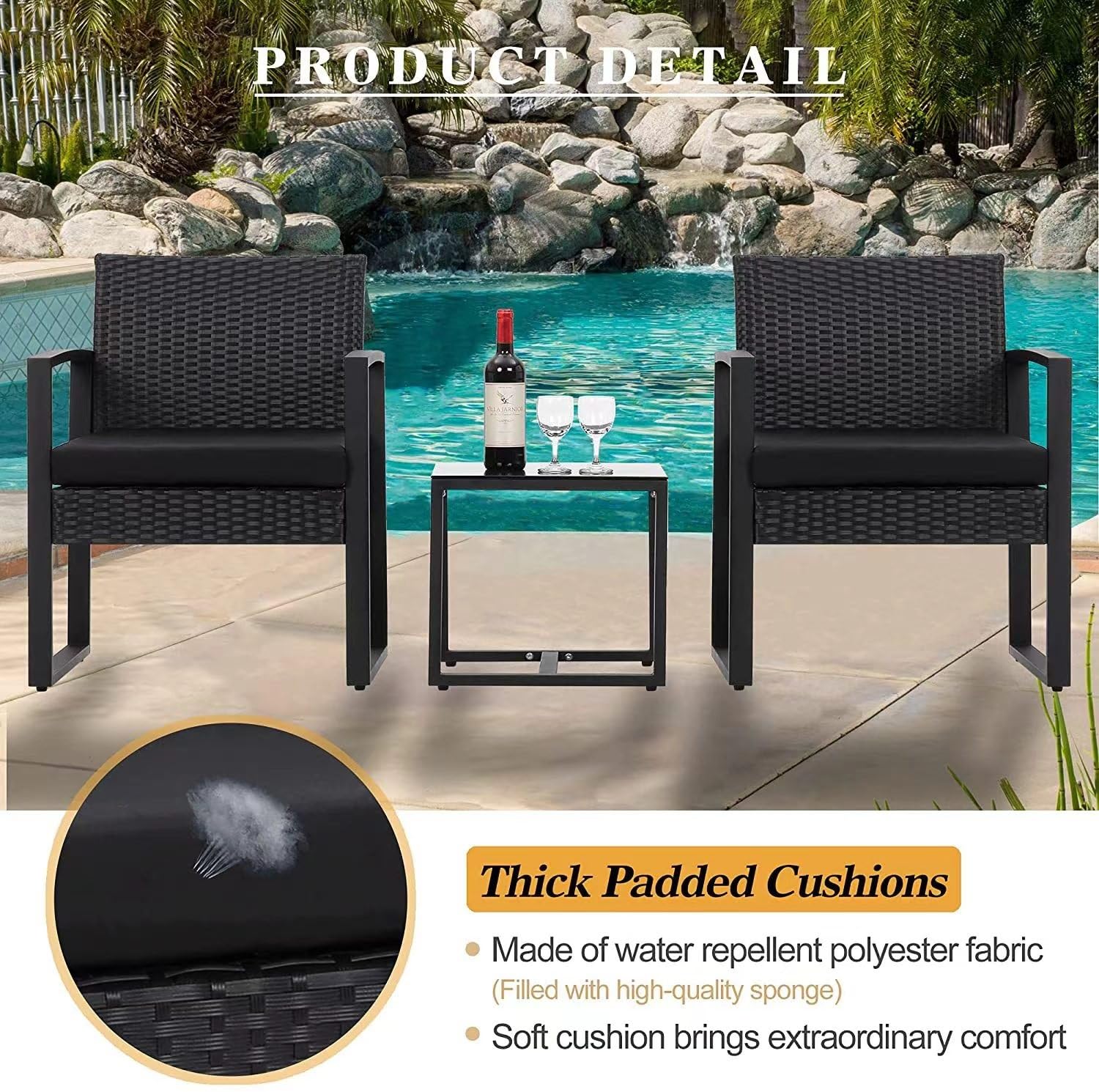 Set di 3 sedie in rattan, tavolino da caffè, mobili da giardino, set da bistrot in rattan con tavolino da caffè, per interni ed esterni, patio, giardino, cortile