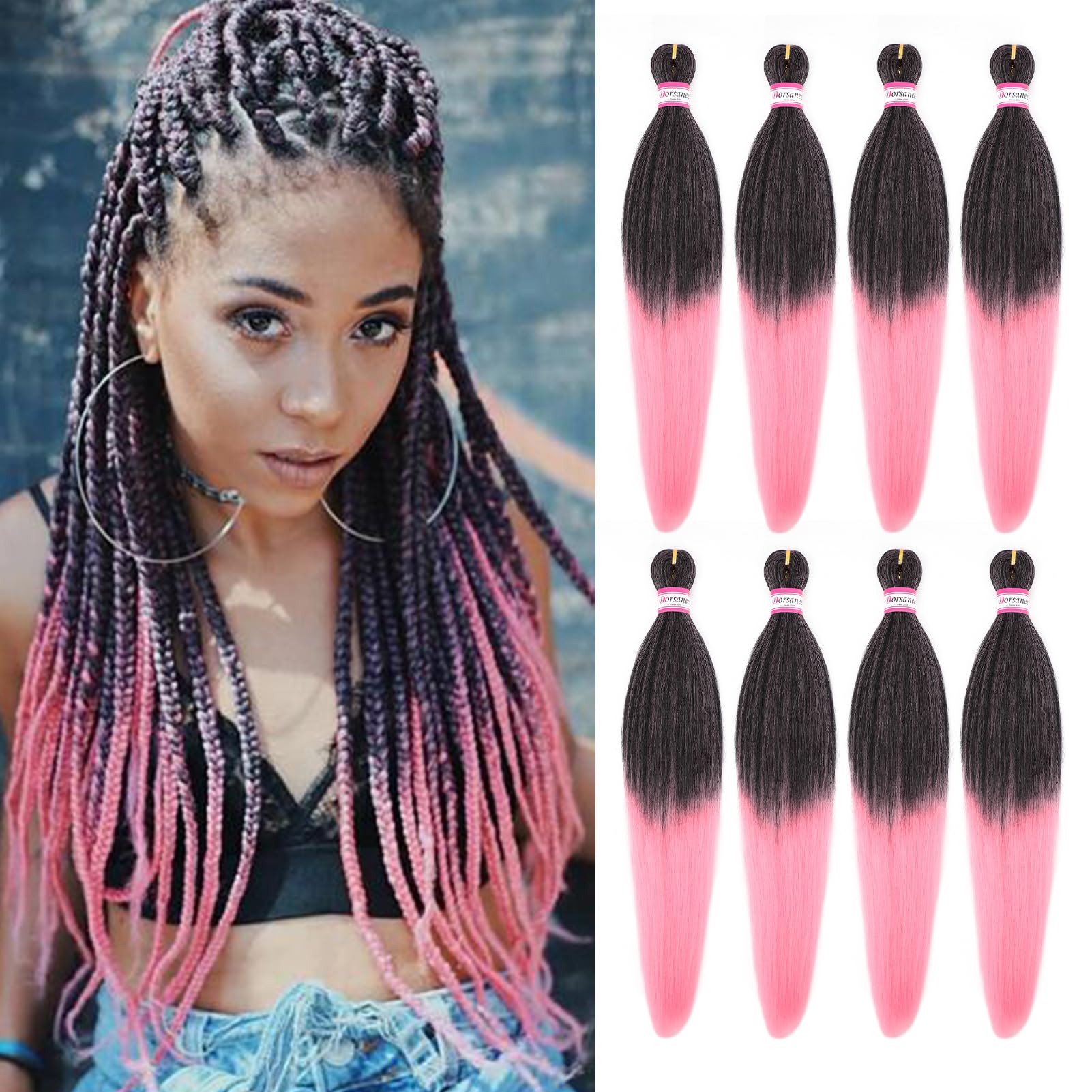 Dorsanee Ombre Pink Braiding Hair Pre Stretched 20 Inch 8 Packs Braiding Hair Extensions for Crochet Box Braids Twists Locs Hair Itch Free Soft Yaki Texture Hot Water Setting (20inch,#1B/Pink)