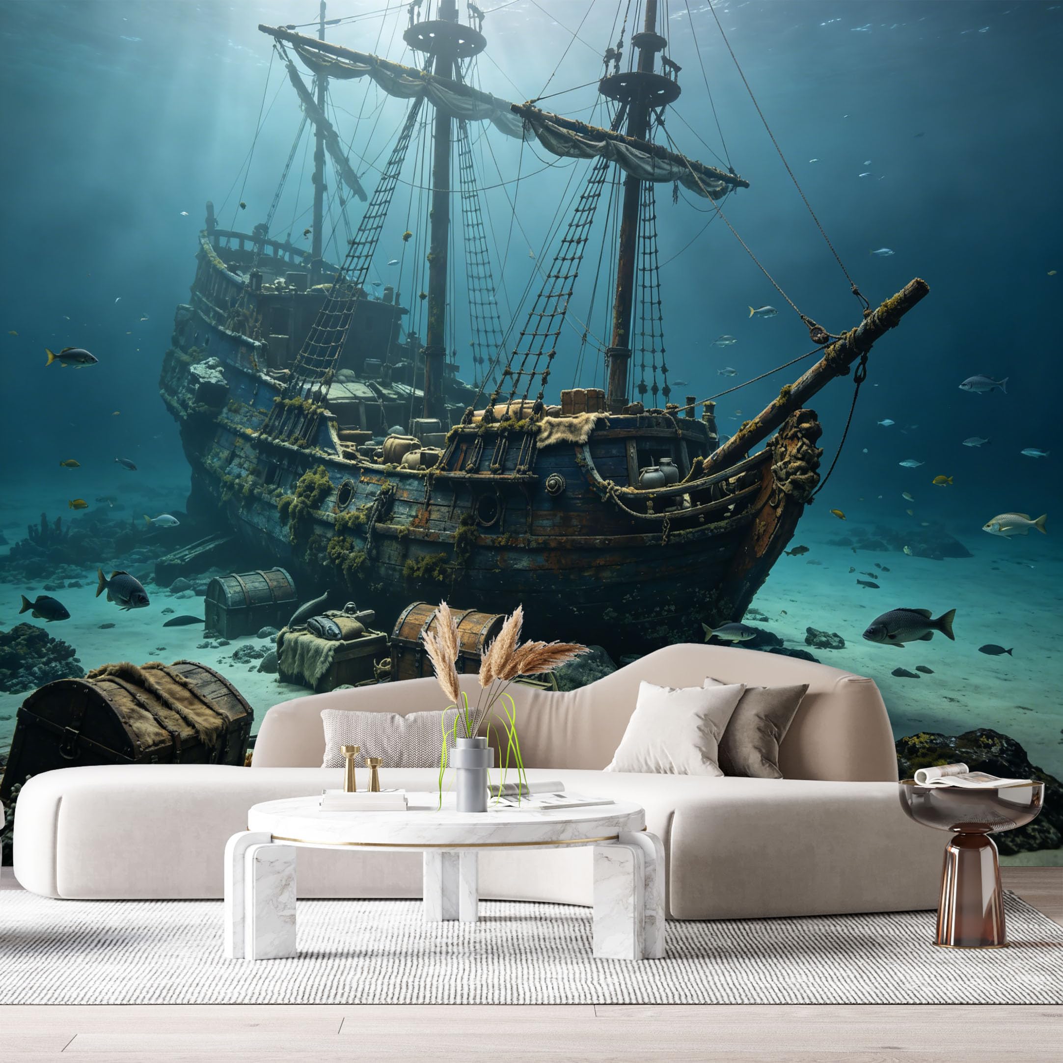 Custom Size Wall Murals Ocean Marine 3D Shipwreck Treasure Chest SelfAdhesiveWall Fabric Removable Wallpaper Wall Decor for Living Room Bedroom Bathroom