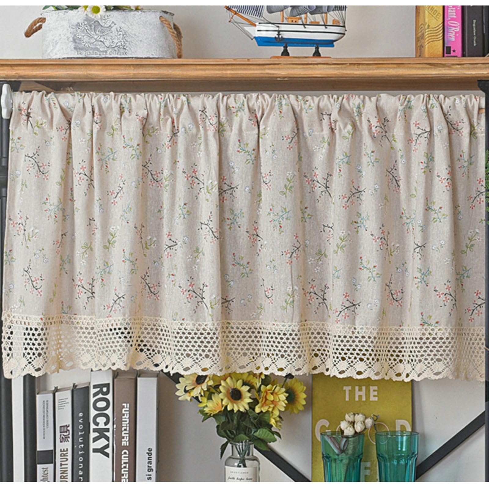 Rideau petite fenêtre court 150x94 cm avec dentelle pour voilage cuisine et vitrage de porte