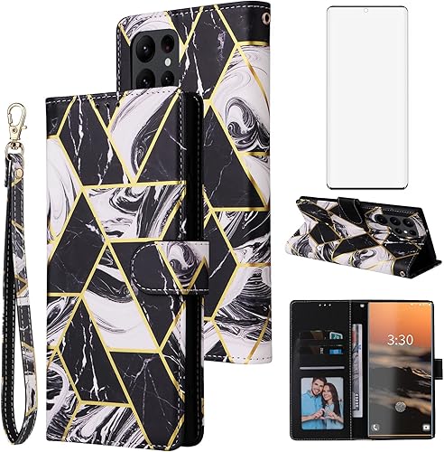 Asuwish Funda tipo cartera compatible con Samsung Galaxy S23 Ultra 5G y protector de pantalla de vidrio templado, tarjetero con función atril para