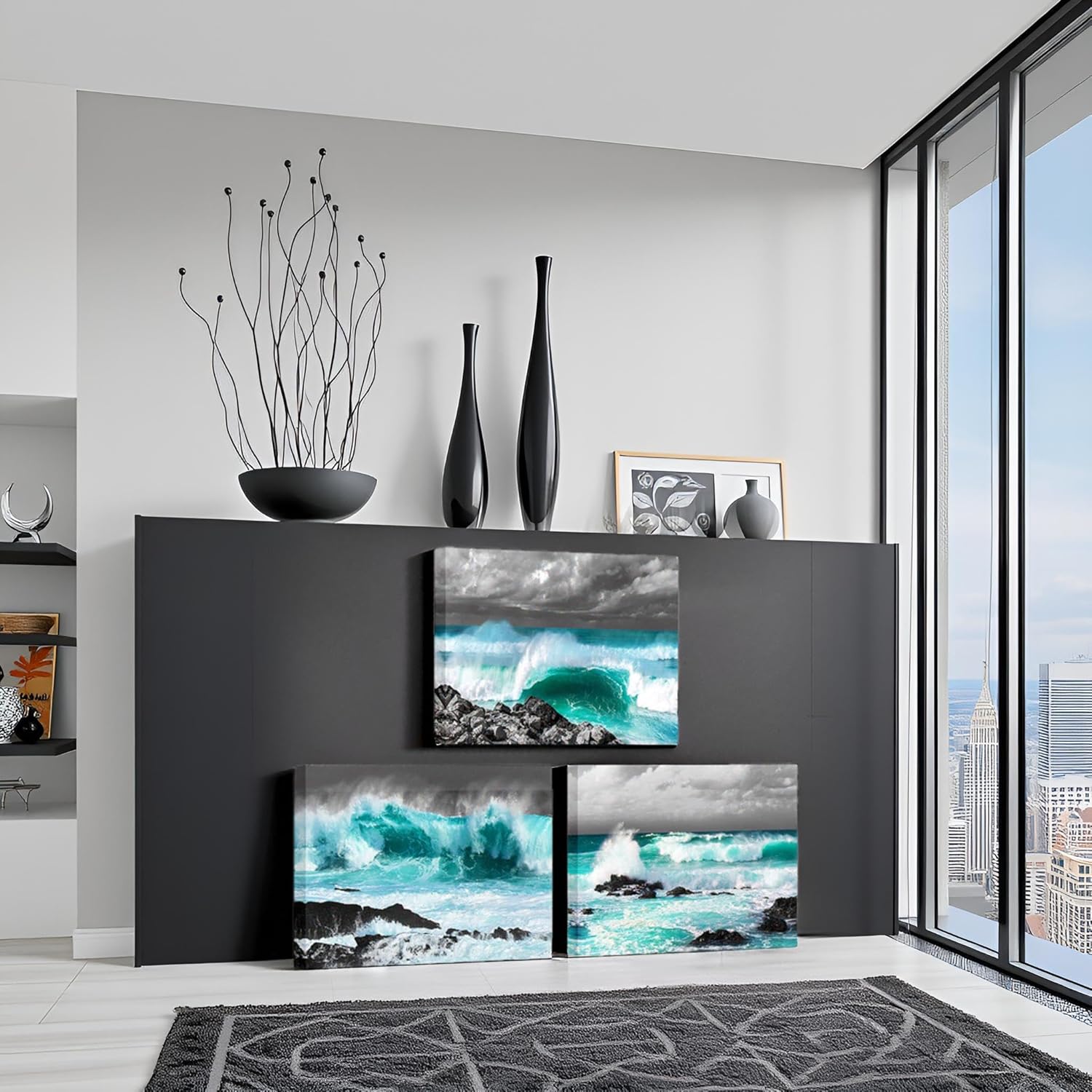 OuElegent 3 Piece Ocean Canvas Wall Art Sea Wave Water Painting Pictures Teal and Grey Prints Artwork for Living Room Bedroom Office Wall Decor Framed Ready to Hang