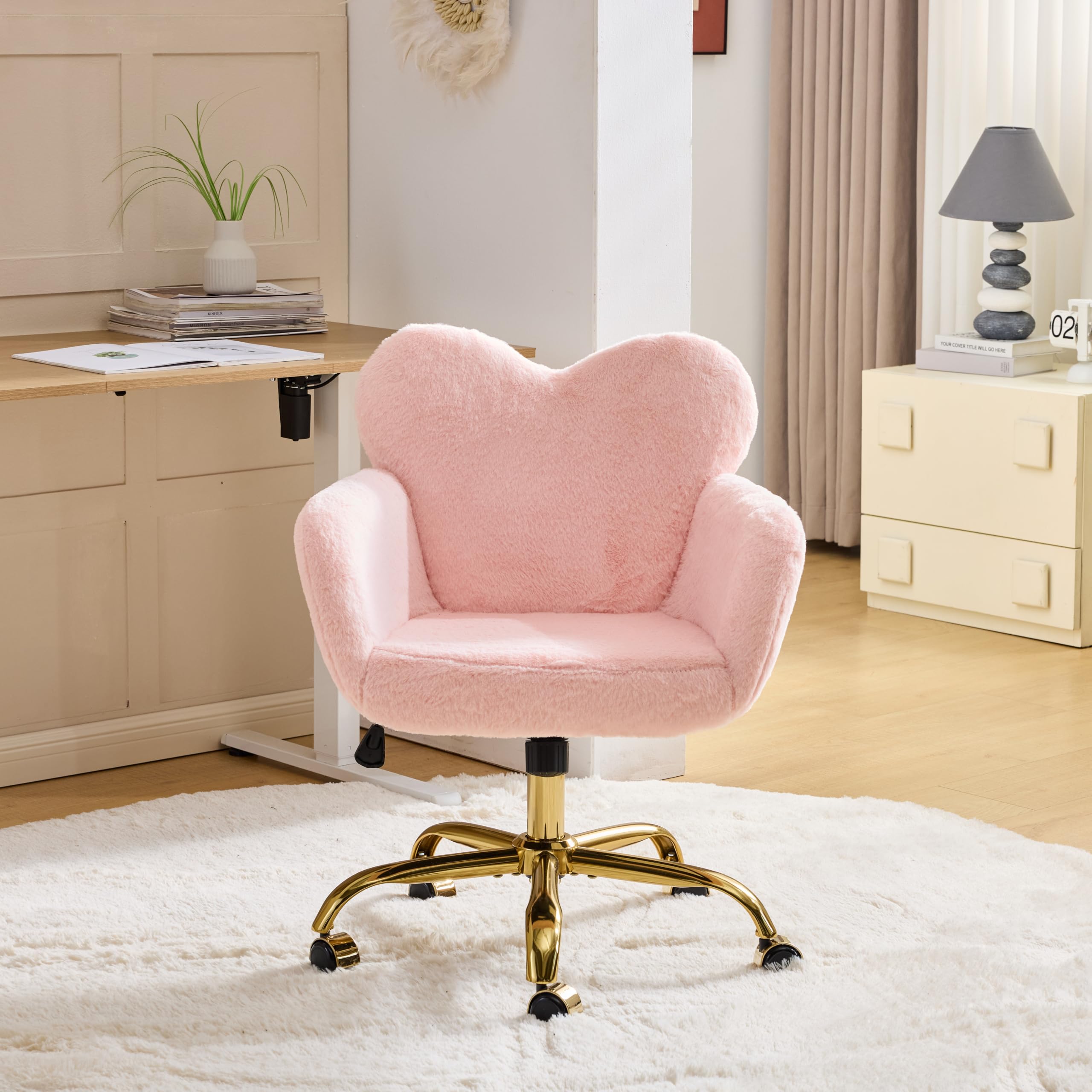 VINGLI Heart Vanity Chair with Armrests, Girls Desk Chair, Faux Fur Pink