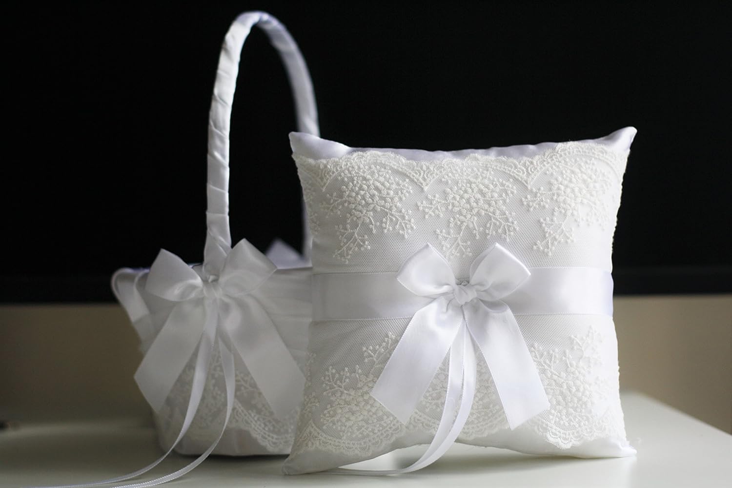 White Flower Girl Basket & Ring Bearer Pillow Set Lace Collection | White Ring Holder | White Wedding Basket