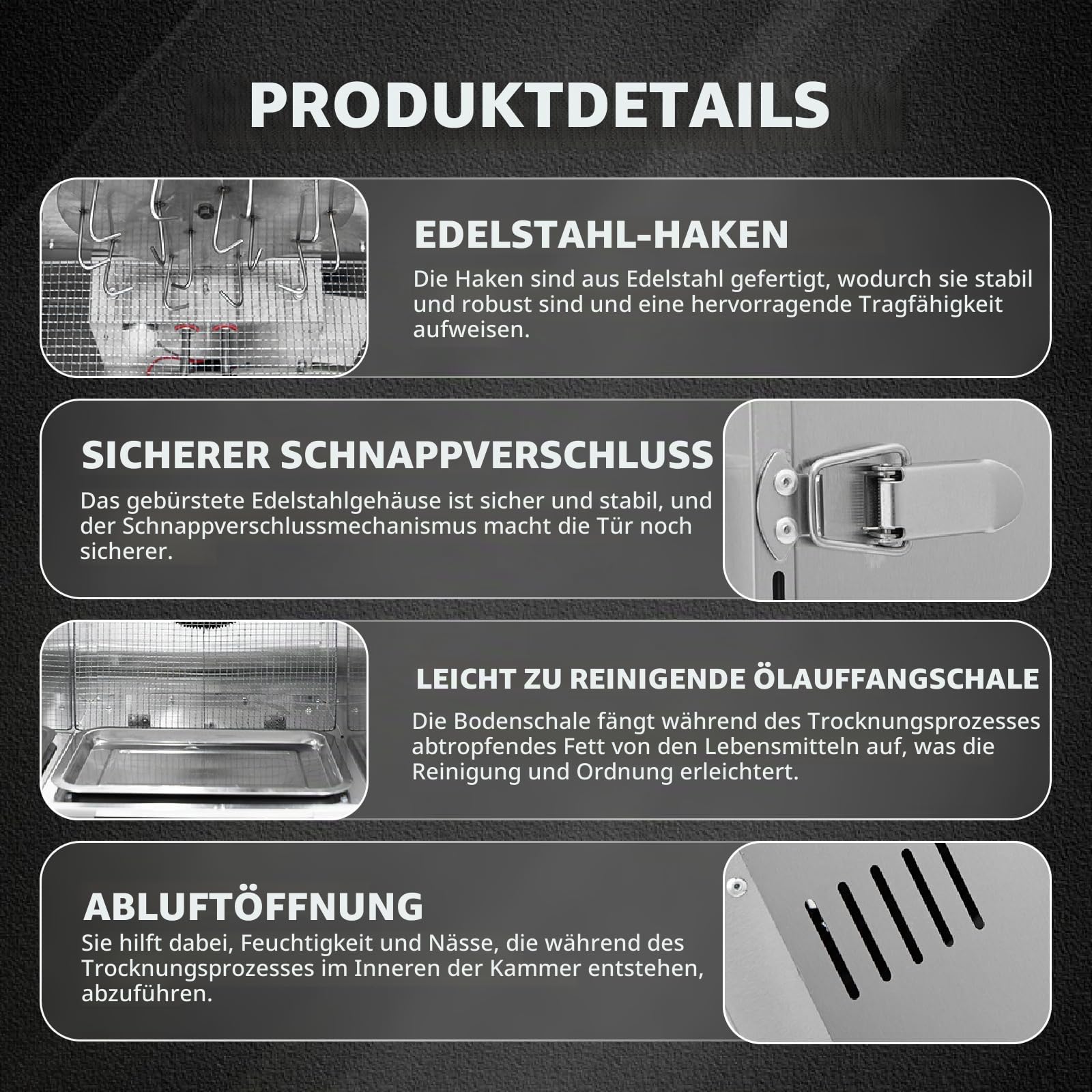 Gewerblicher Fleischtrocknungs- und Reifeschrank - Edelstahl, 360°-Drehung, Temperaturbereich 30-90℃, 24-Stunden-Timer, 15 kg Fassungsvermögen, geeignet für Beef Jerky, Würstchen usw.