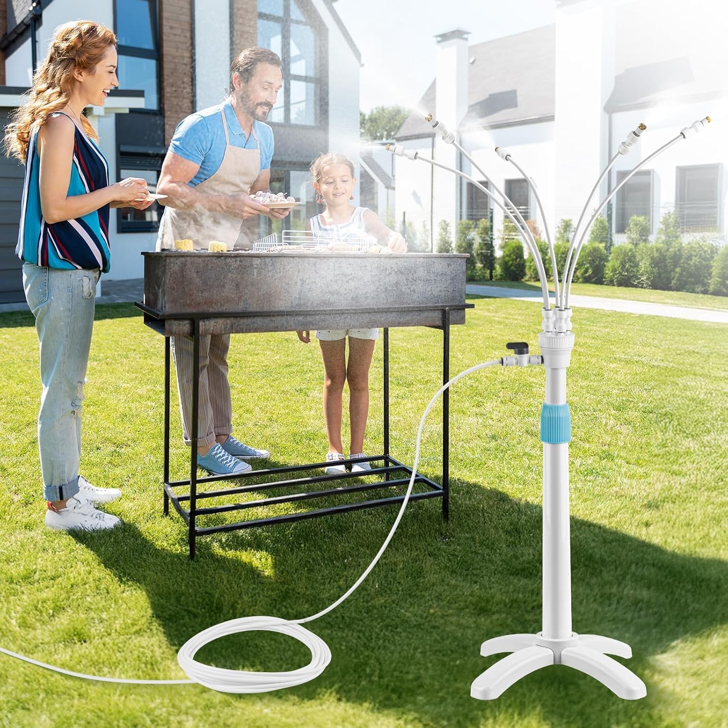 Tesmotor Sistema de niebla de pie para terraza y jardín, altura regulable al aire libre, con 5 boquillas, sistema de refrigeración con válvula y soporte, ducha de niebla para patio, balcón, piscina