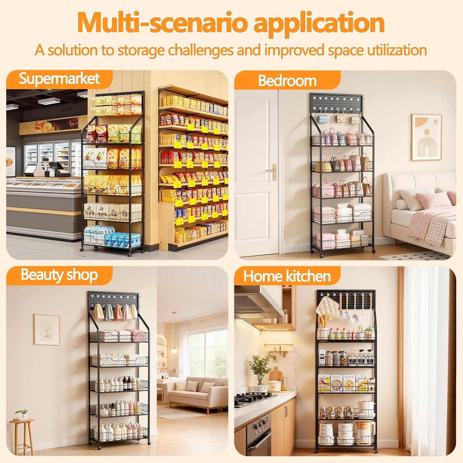 5 Tier Retail Snack Display Rack, Metal Snack Shelf with Wheels & 15 Hooks, Display Stands for Vendor Event,Supermarket, Store, Home Kitchen (Black, 23.62 * 10.63 * 65 in) Black