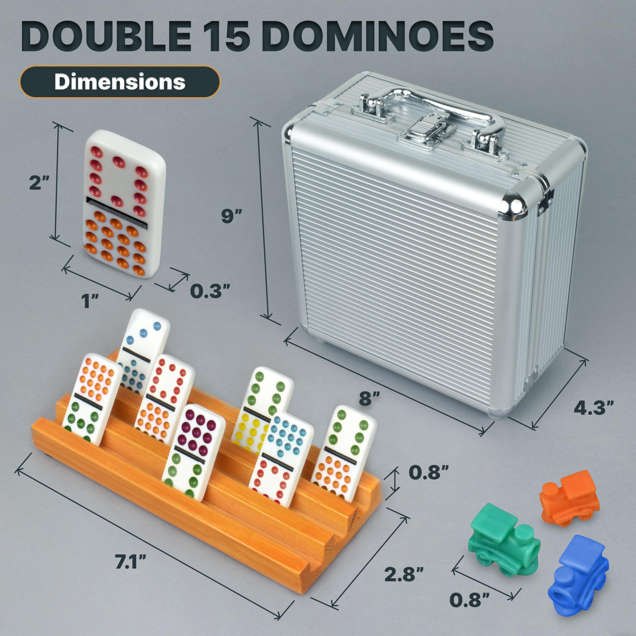 Queensell Mexican Train Dominoes Set Double 15 with 8 Holders - Wooden Hub and Stone Holder - Double 15 with Dots (D15 + 8 Holders) - Image 3