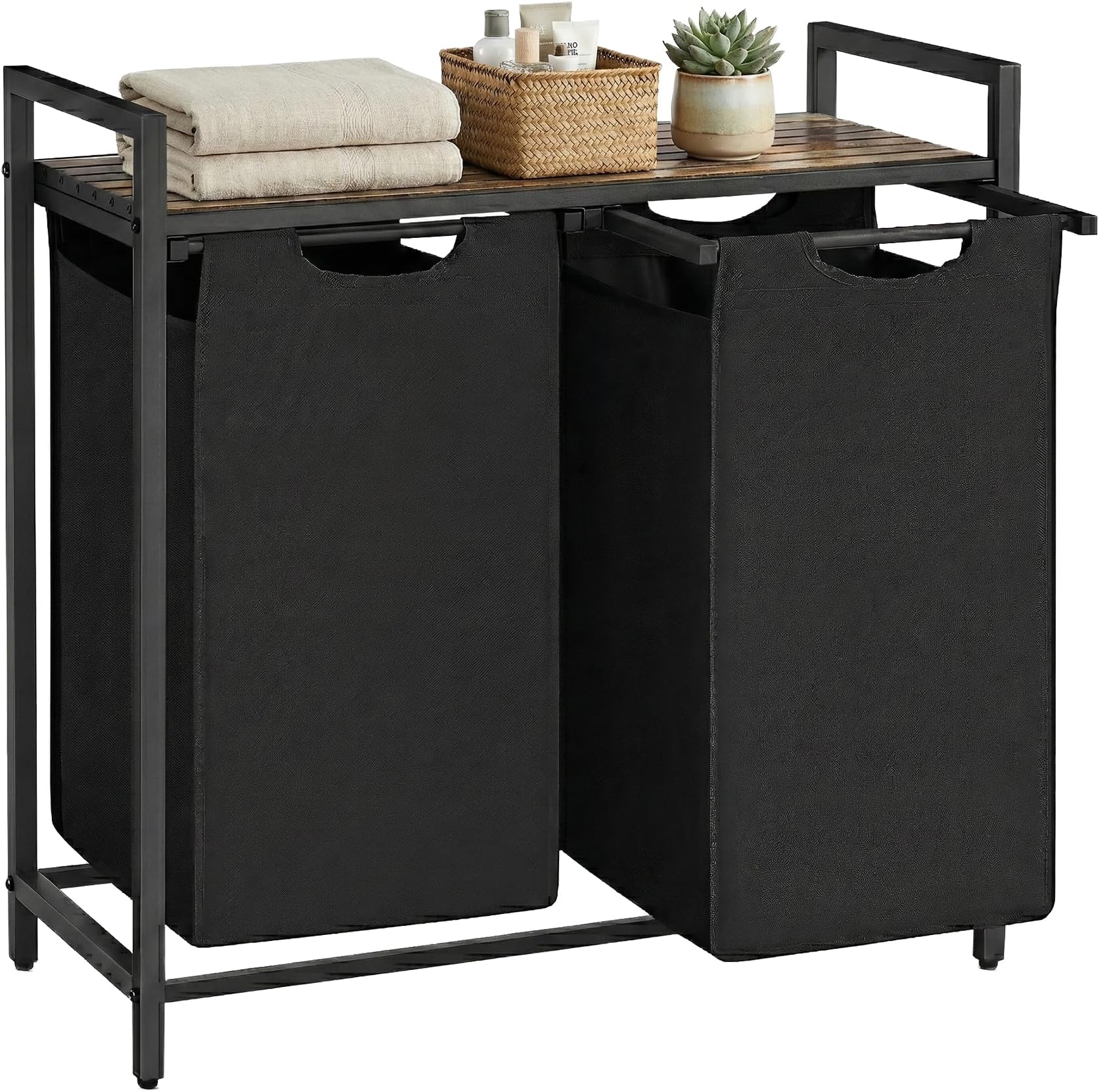 Vasagle BLH201B01V1 Dirty Laundry Basket, 2 Compartments, Bin, with 2 Removable Oxford Cloth Bags, Metal Frame, 2 x 46 Litres, 73 x 33 x 72 cm, Rustic Brown and Black