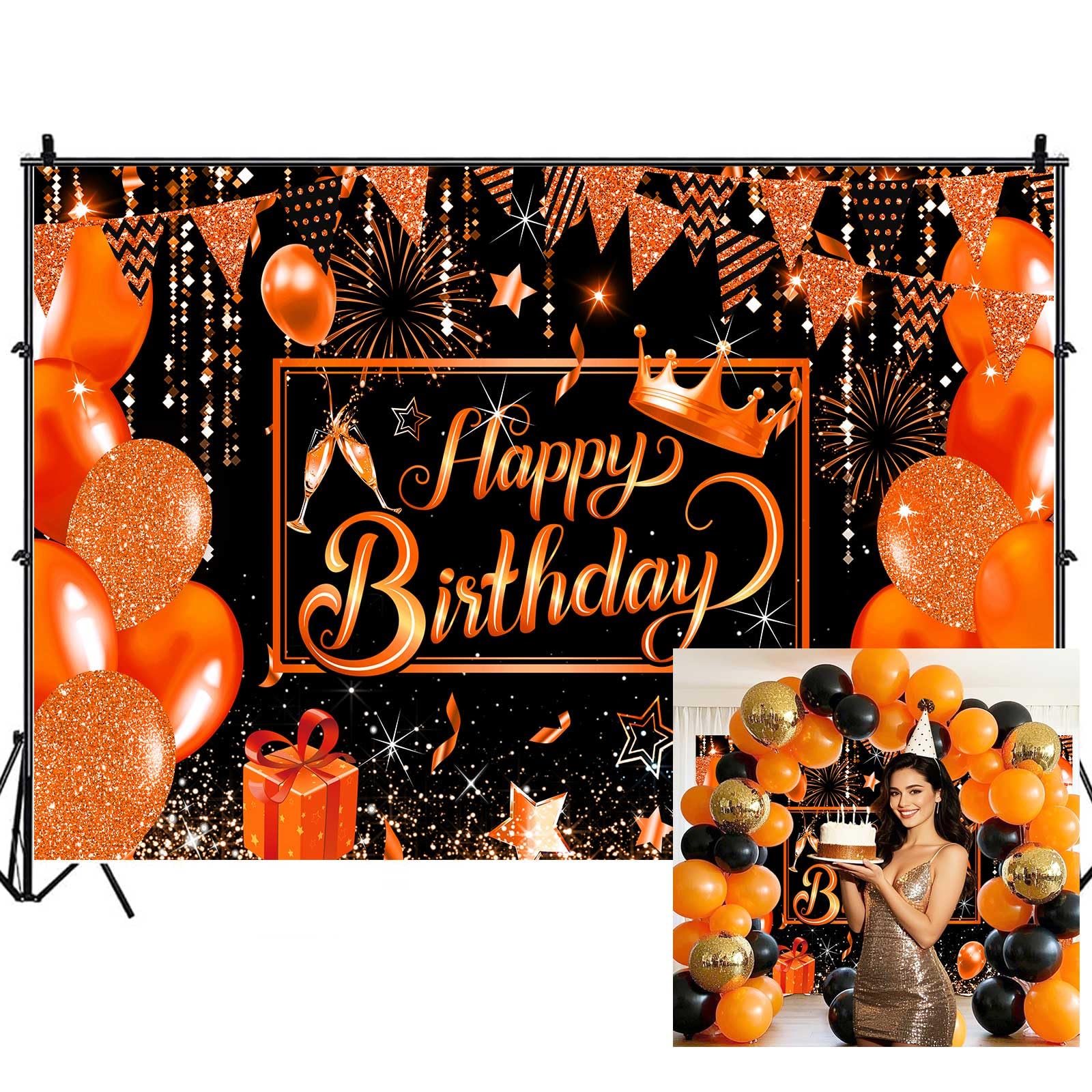 Happy Birthday Party Backdrops for Photoshoot, Orange and Black Balloons Picture Party Decorations Wall Backdrop for Photography Decor Banner,