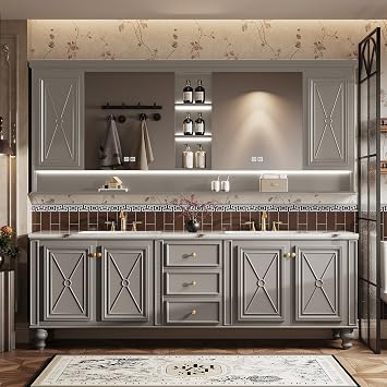 Double Sink Bathroom Vanity, Luxurious Bathroom Vanity with LED Smart Defog Mirror, Solid Freestanding Wood Vanity Sink Cabinet
