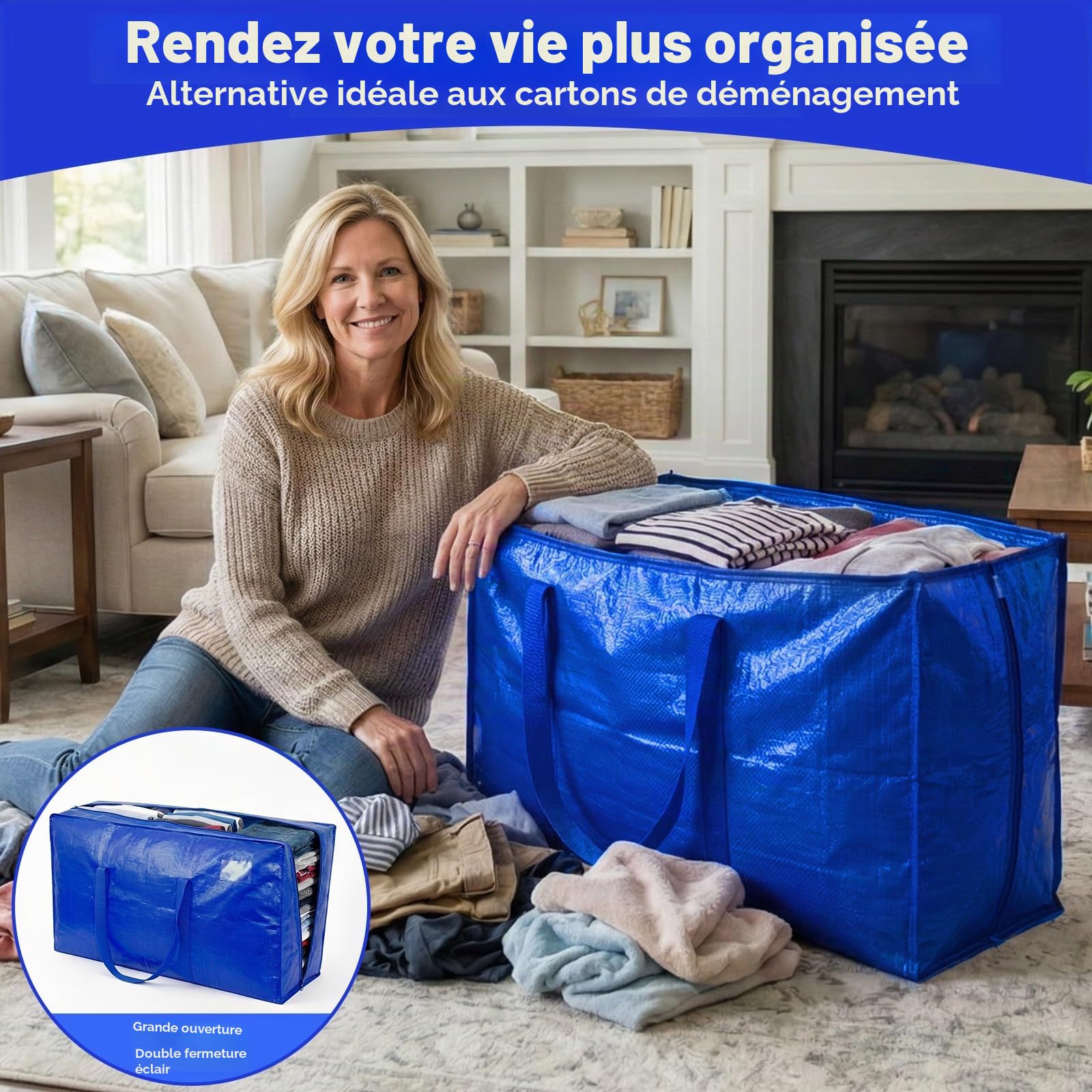NOCOEX Très Grands Sacs de Déménagement - Lot de 2 Sacs Déménagement Imperméable 200L avec Fermetures éclair et Poignées Renforcées - Sac Rangement Pliable pour Dortoirs Vêtements Couette (Bleu)