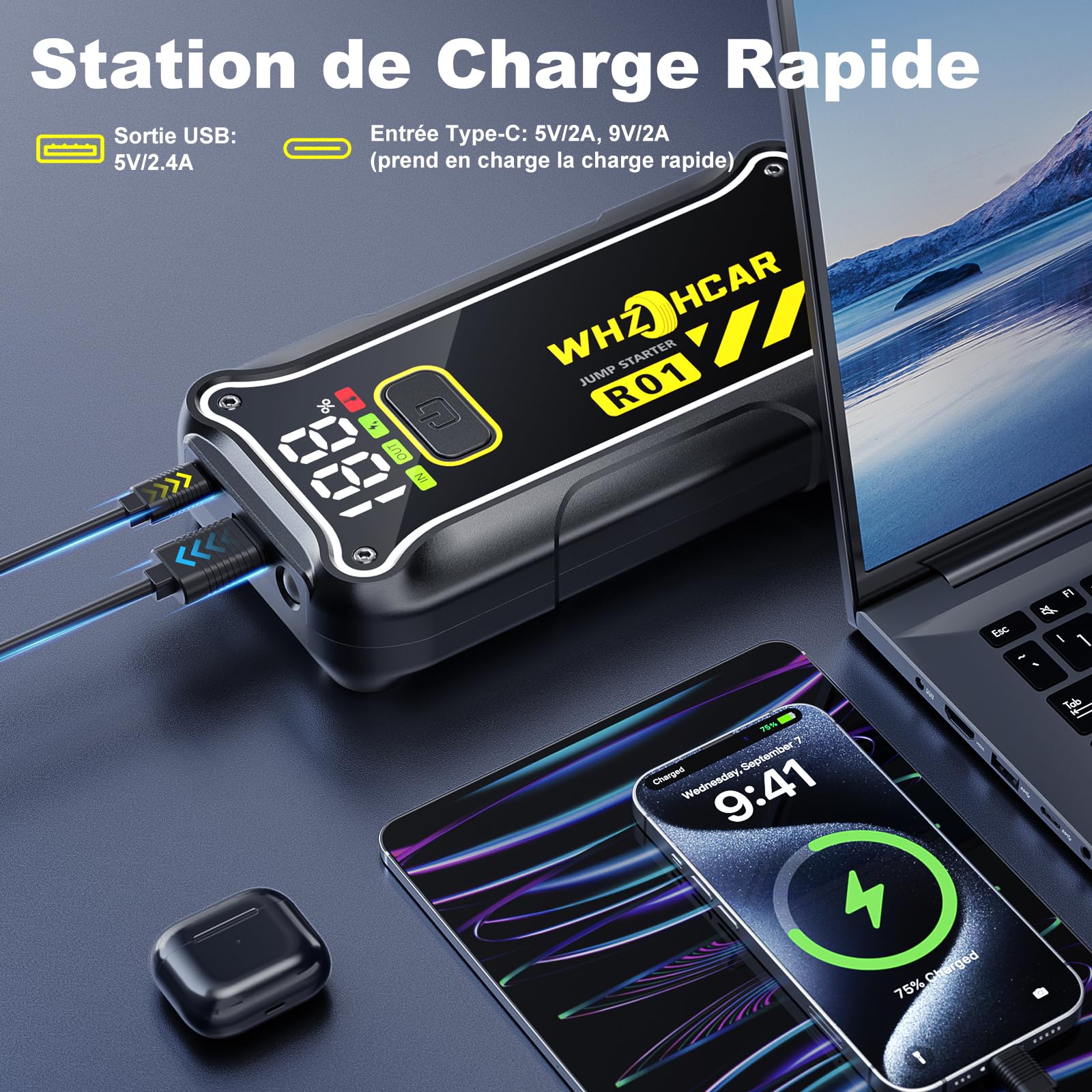 Booster Batterie Voiture 7000A Démarreur de Voiture 12V Démarreur de Batterie (Jusqu’à 10L Essence & 8L Diesel) Portable Jump Starter Moto Camion avec LED de Secours, Pinces de Sûreté Intelligentes