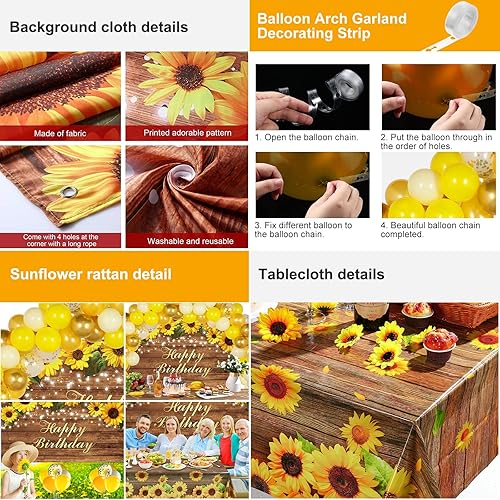 Miniatura 4 de Suministros de decoración de fiesta de cumpleaños de girasol kit de guirnalda de globos de girasol incluye pancarta de telón de fondo manteles de