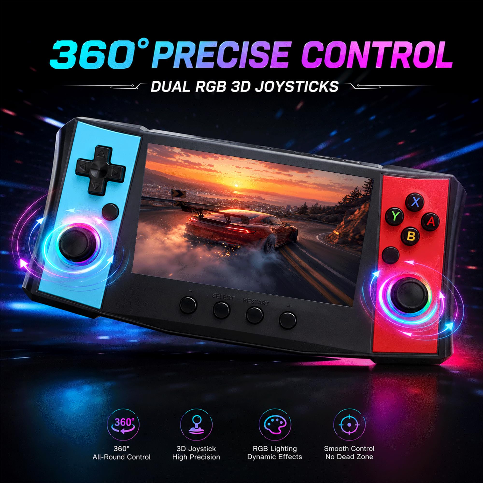 Console di gioco retrò portatile, schermo IPS da 4,5 pollici, sistema di gioco portatile con scheda TF da 256 GB, doppi joystick 3D, anelli luminosi RGB, batteria ricaricabile da 4000 mAh, sistema