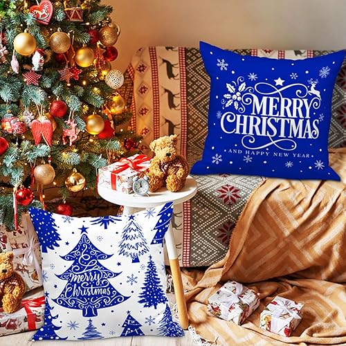 Vista 50 de Lanpn Juego de 4 fundas decorativas de almohada navideñas de 18 x 18 pulgadas, color blanco y verde azulado de 18 pulgadas, funda de cojín