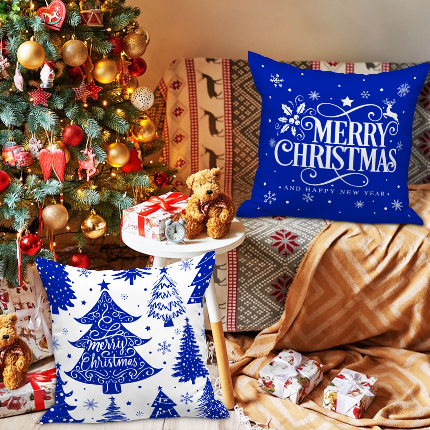 Lanpn White and Blue 45x45 Christmas Pillow Covers Set of 4 - Image 2