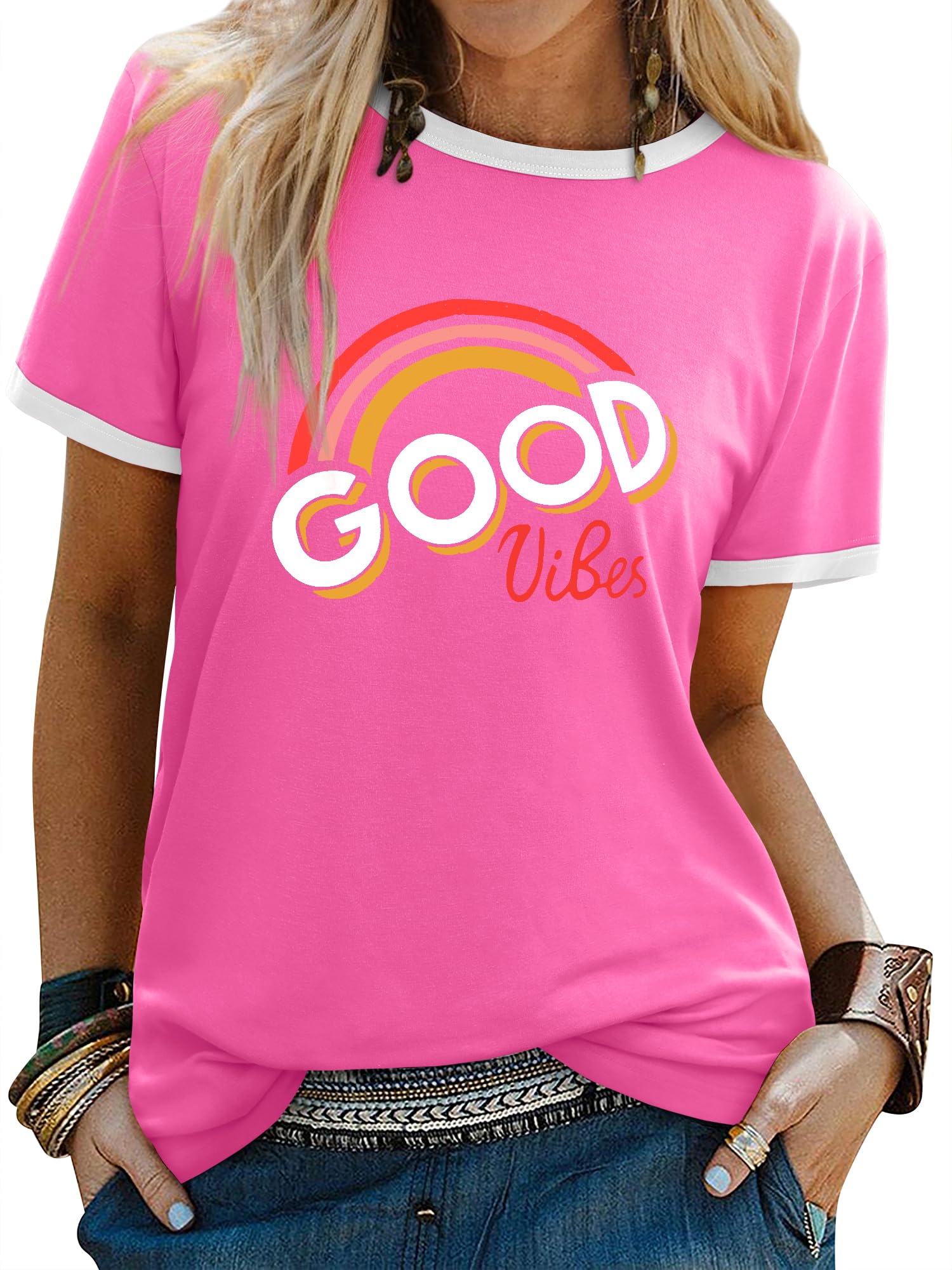 Dresswel Women's Good Vibes T-Shirts and Blouses, Rainbow Print, Crew Neck, Short-Sleeved Tops