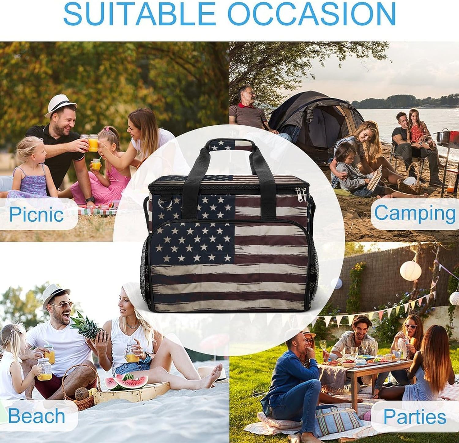 Insulated Picnic Backpack Tote Bag, Large Capacity 30L American Flag Cooler Bag Leakproof Beach Bags Portable Lunch Box Waterproof Picnic Basket for Beach Camping BBQ