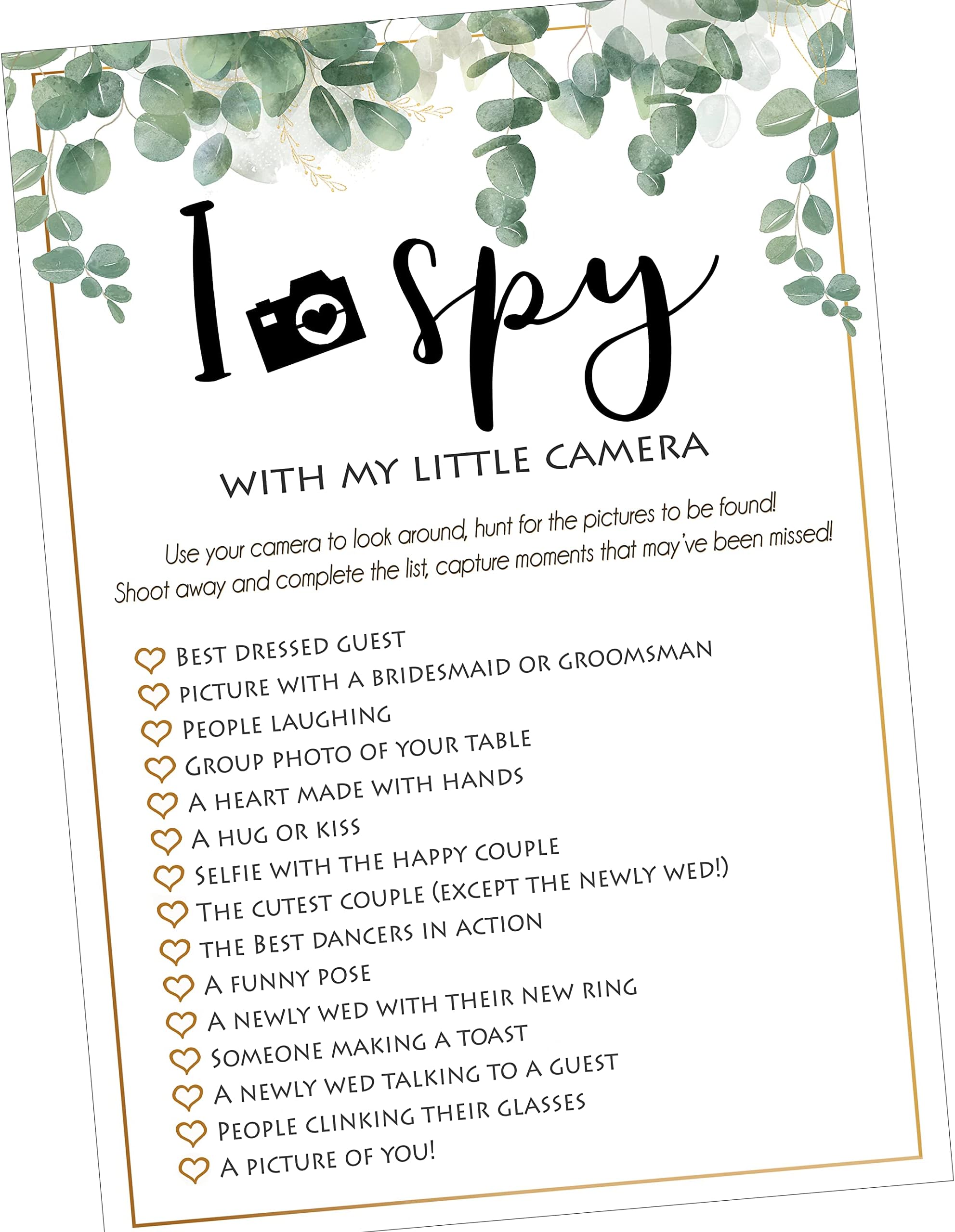 I Spy With My Little Camera Wedding Game – 10 Pack A6 Guest Photo Challenge Cards – Fun Wedding Reception Activity & Keepsake for Bride and Groom – Eucalyptus Greenery Design – Lovely Little Things