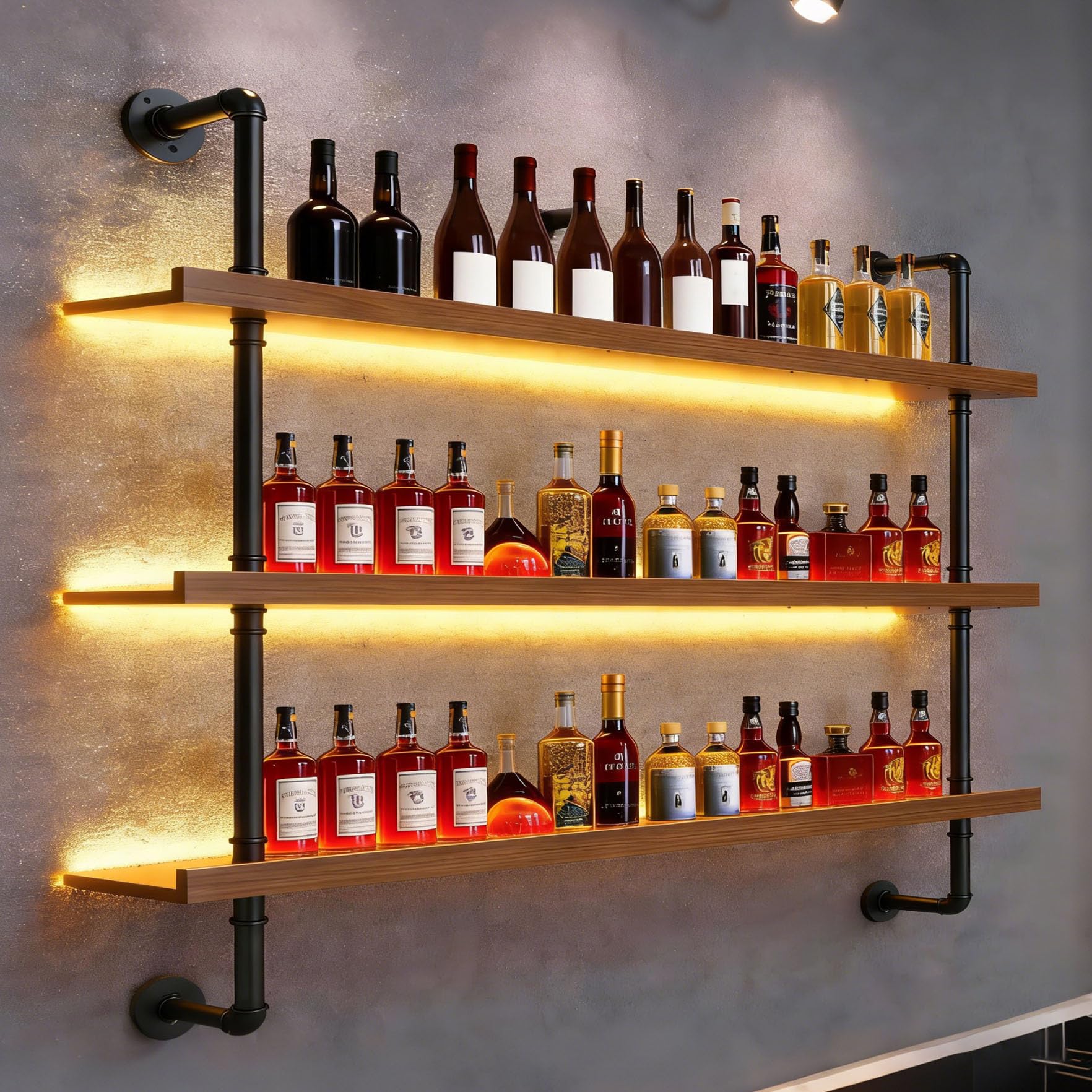 Portabottiglie da Parete in legno Massello, Grande Espositore per Bottiglie di Vino in Industriale Vetrinetta da Bar Con Luce LED,Scaffale Galleggiante Per Cucina, Bar, Caffetteria (80cm)