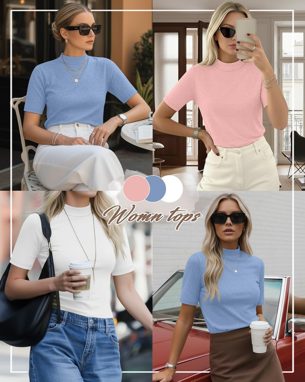 Ficerd 3 Pack Women's Mock Turtleneck T-Shirts 1/2 Half Sleeve Dressy Casual Tunic Tops Slim Fit Summer Basic Tee Shirts 2026 - Image 2