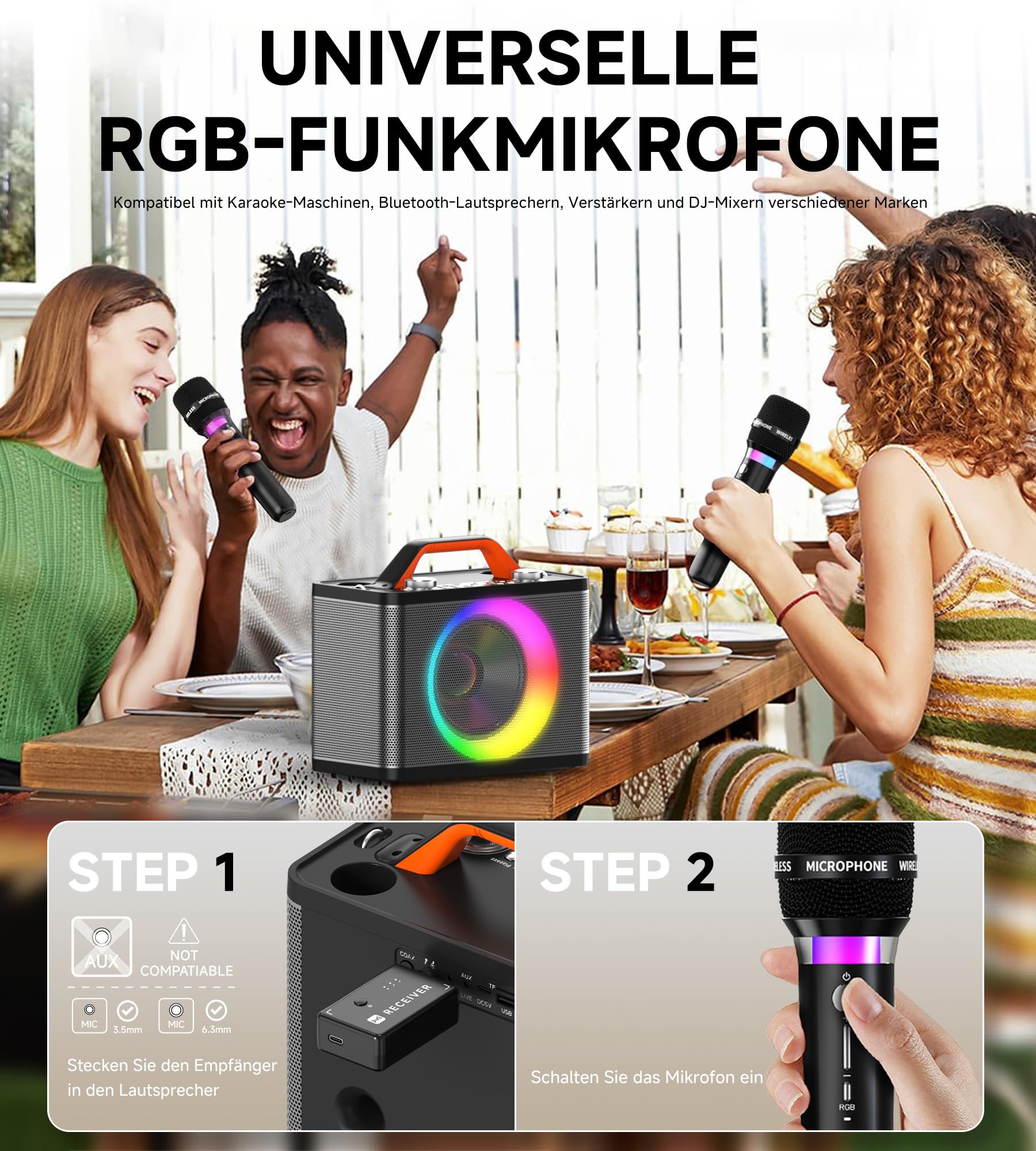 Karaoke Maschine mit 2 Kabellosen RGB-Mikrofonen – 5200 mAh Karaoke mit 10 RGB-Modi, unabhängiges Bedienfeld, 13-Stunden-Wiedergabe, Hi-Fi-Sound, Karaoke unterstützt AUX/USB/TF-Karte/USB/Coax (grau)