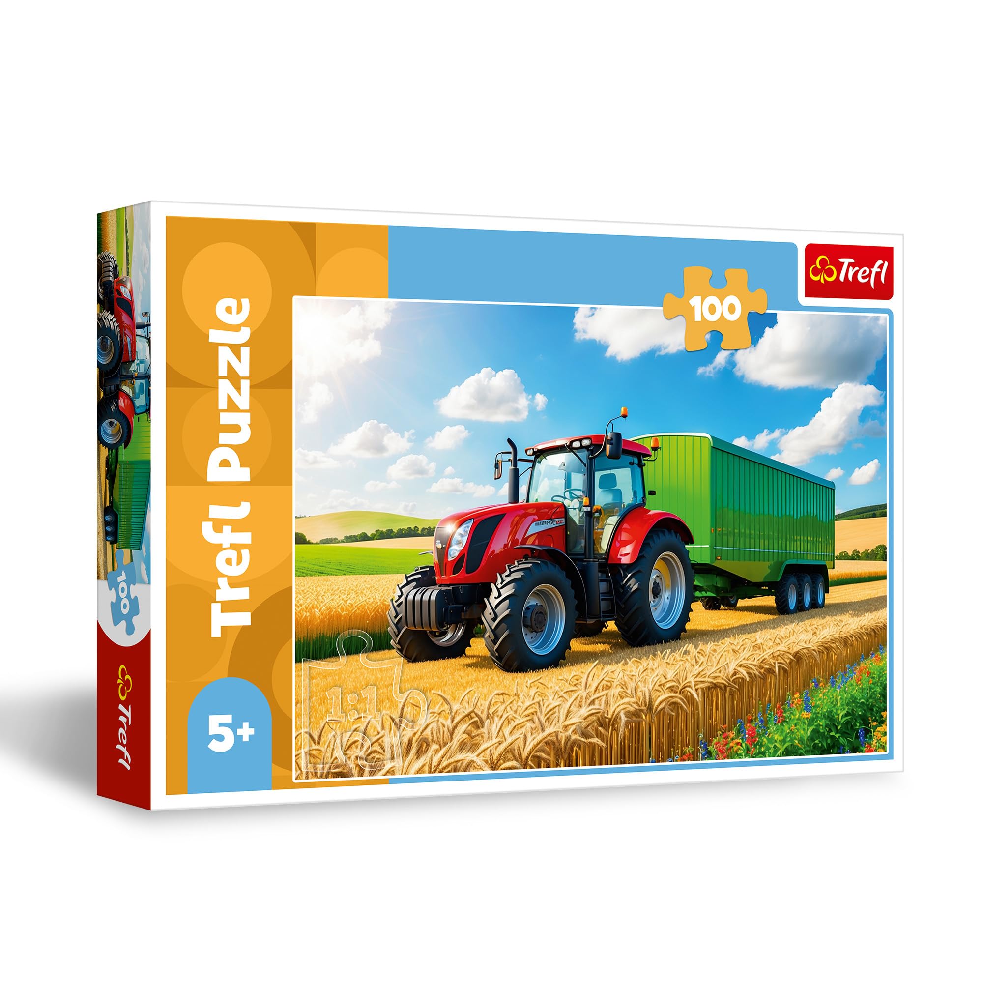 Trefl - Maszyny Rolnicze, Traktor z Przyczepą - Puzzle 100 Elementów - Układanka z Pojazdami, Kreatywna Rozrywka, Zabawa dla Dzieci od 5 lat