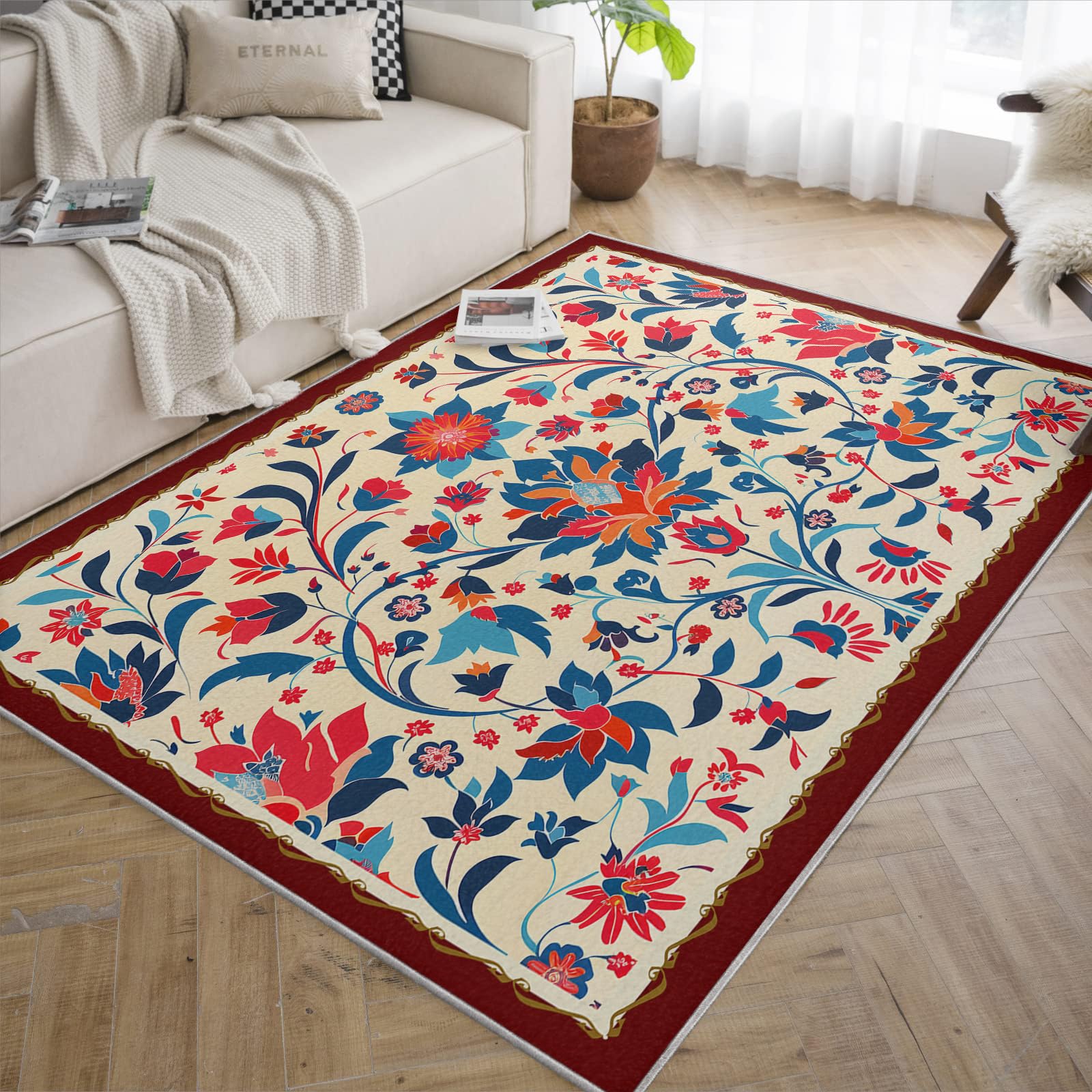 Dywan obszarowy 140x200 cm tradycyjny orientalny design dywaniki z kwiatowym nadrukiem niebieski i czerwony dywan z niskim włosiem dywan do obszarów o dużym natężeniu ruchu w salonie i sypialni