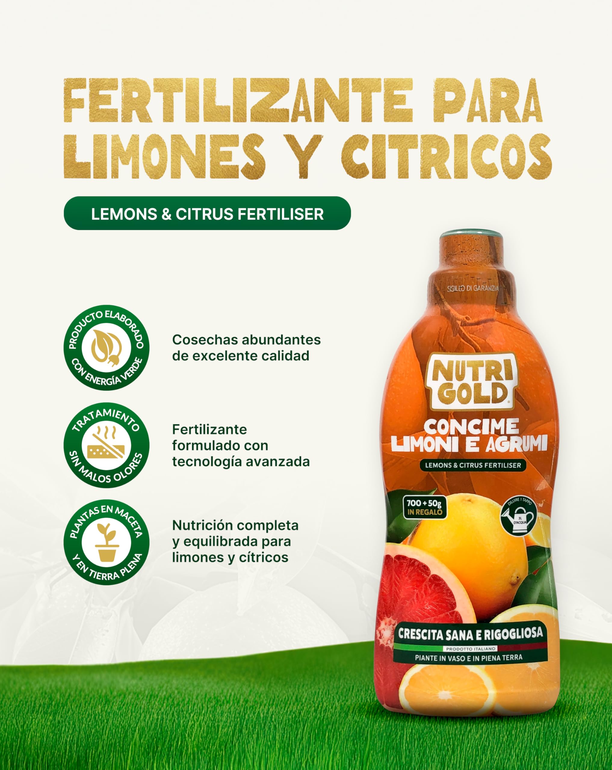 NutriGold® fertilizante Cítricos | Abono para Limones, Naranjas, Mandarinas y Pomelos - Rico en NPK - Para Cítricos en Tierra o Maceta - 700g + 50g Gratis