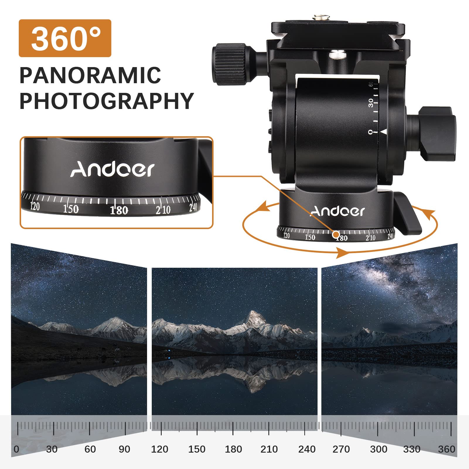 Andoer Camera Video Fluid Head Pan Tilt Tripod Head Panorama Ballhead Tripod Mount 1/4 Inch Tornillo 10kg / 22lbs Capacidad de Carga con manija Desmontable 2pcs Placa de liberación rápida