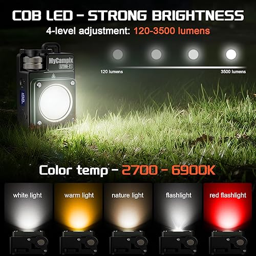 Miniatura 2 de MyCompix - Linterna de camping portátil, linterna LED ajustable de 3500 lúmenes, recargable con tiempo de funcionamiento y pantalla de 2.5 a 15
