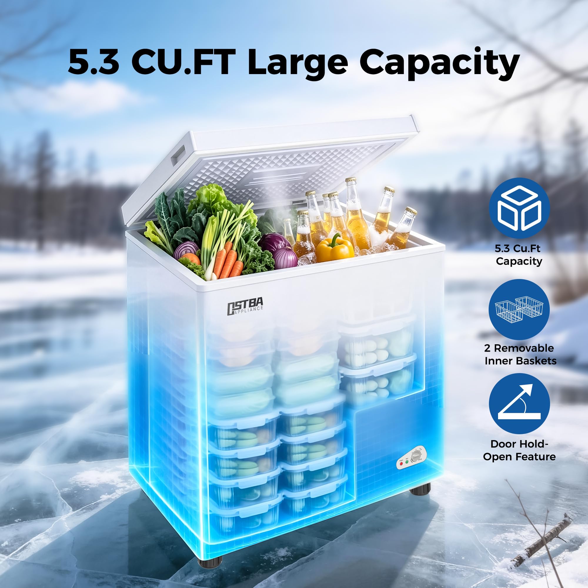 Ostba 5.3 Cu.Ft Chest Freezer, Large Capacity Deep Freezer With 2 Removable Baskets, Bottom Wheels, 6-Level Temperature Control With Fast Freeze Mode, Energy Saving Quiet Freezer, White on Fridge.com - View 2