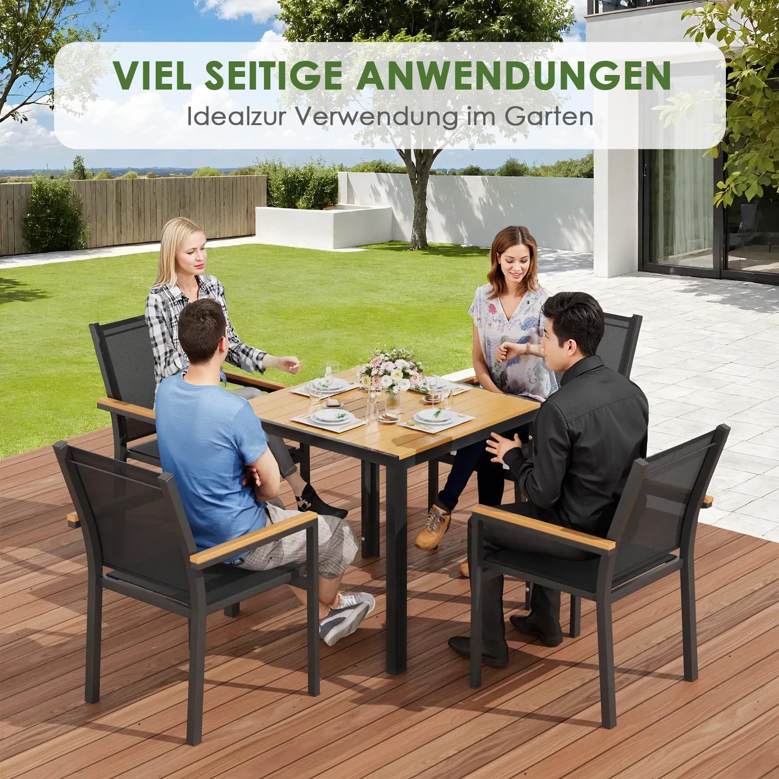 LIFERUN Table de jardin aluminium WPC 75x75 cm résistante aux intempéries Noir