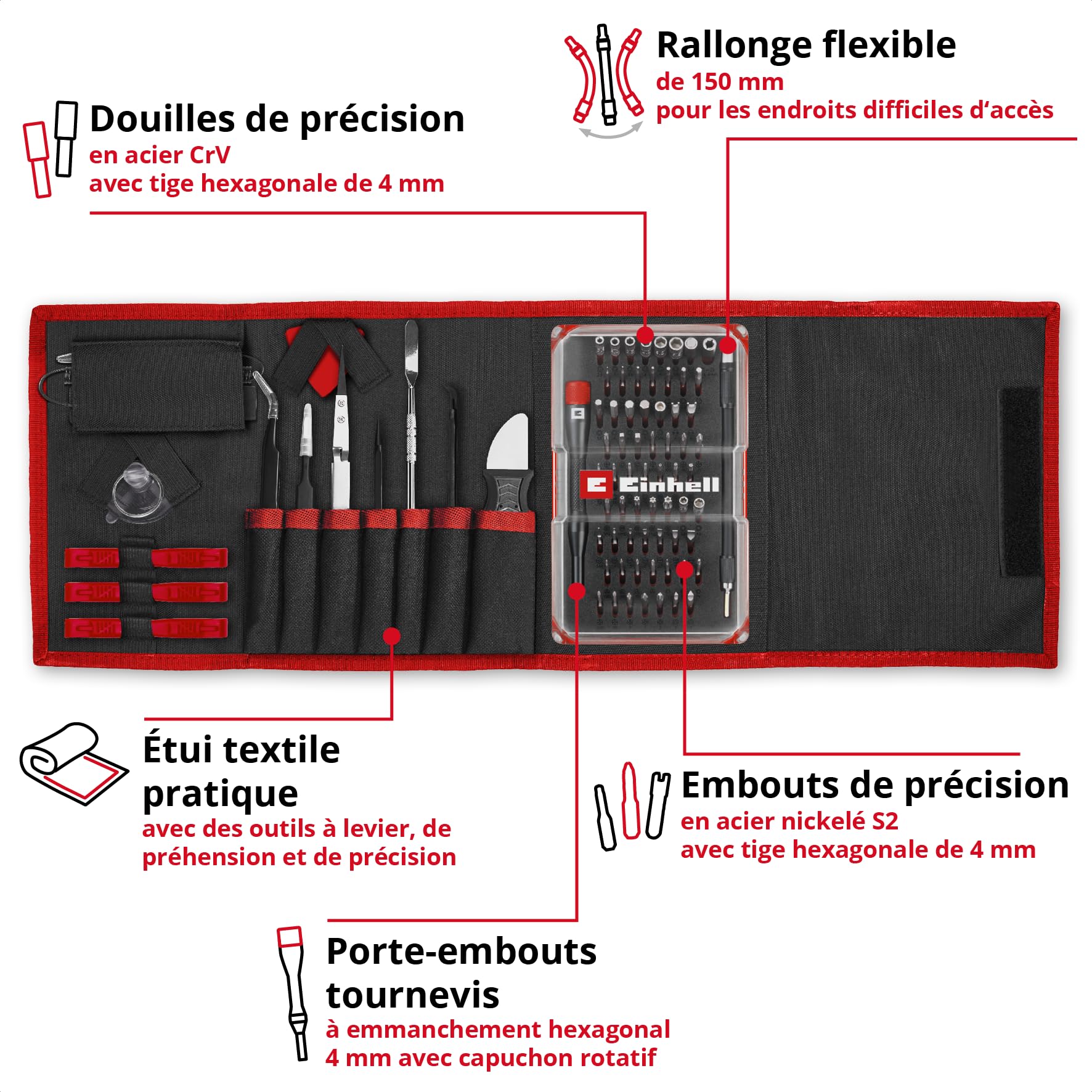 Original Einhell 84 pcs. kit de réparation de précision et électronique (embouts et douilles de précision, porte-embouts tournevis, rallonge d'arbre flexible, bracelet de mise à la terre, spudger)