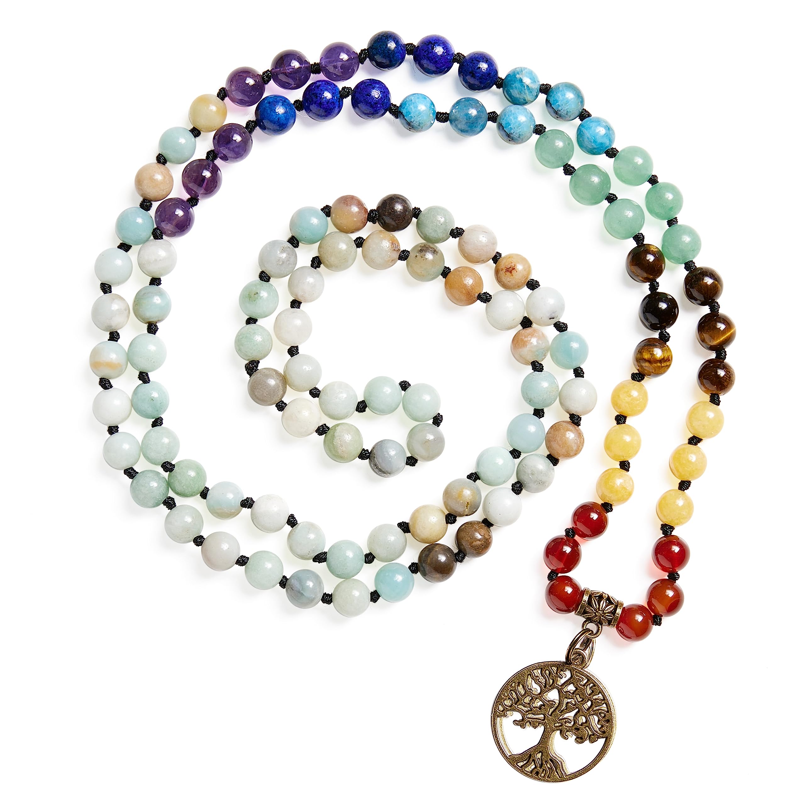 Bivei 7 Chakra 108 Mala Beads Bracelet Real Gemstone Yoga Meditation Hand Knotted Mala Prayer Bead Necklace