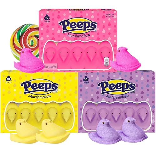Peeps - Caramelos de malvavisco, pollitos rosados, amarillos y morados, dulces clásicos de Pascua, 10 unidades (paquete de 3)
