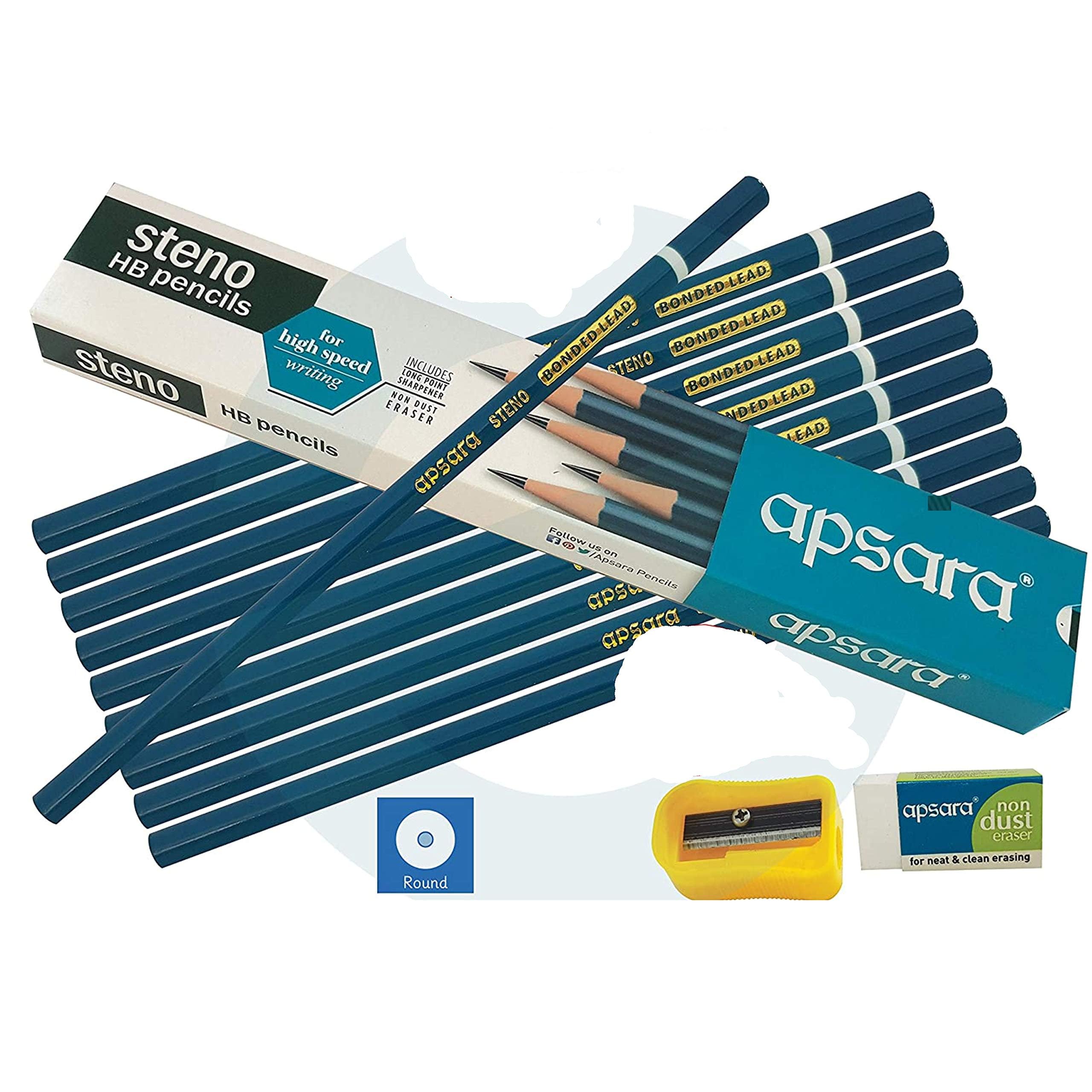 Steno Wooden Pencils, HB Graphite Bonded Lead, Pack of 10, Pencils Sharpener Eraser Pack, Write Draw Sketch, School Office Home Use, iZOFAX Black Ball Pen