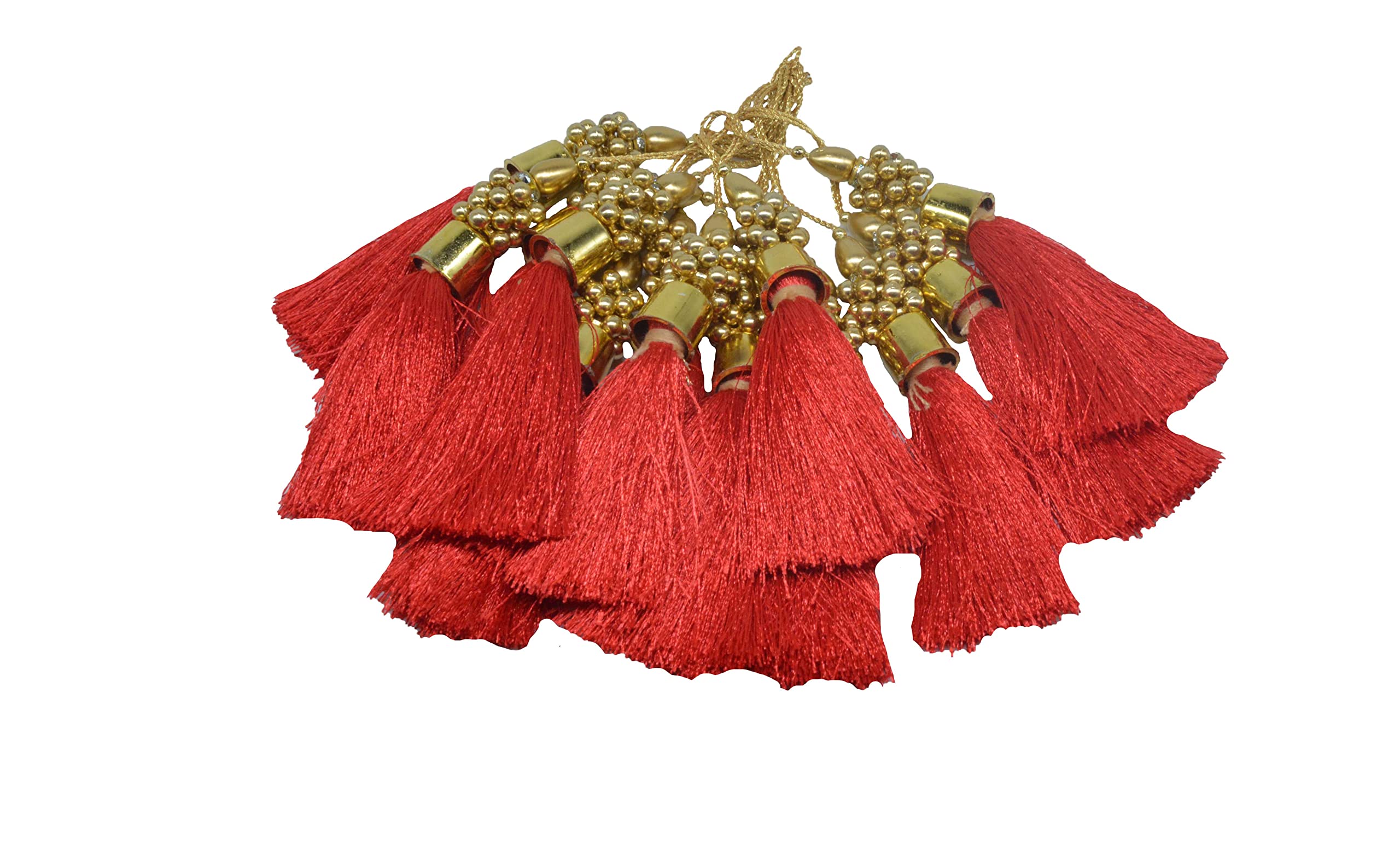 CRAFTLOVE Golden Beads Silk Thread Tassel Latkan Bunch for,Saree, Latkan,Curtain Crafts - Pack of 12 Piece (LENGTH : 9.5 cm & Tassel with dori - 17.5 cm) (Red)