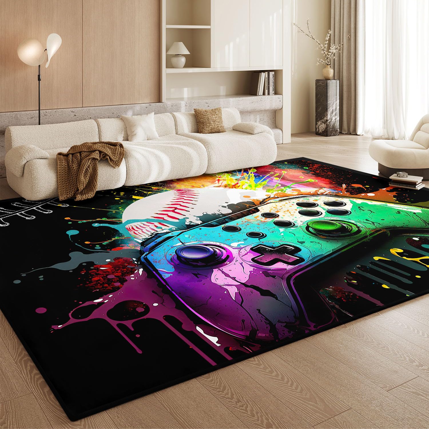 HOSIMA Teppich Mit Graffiti-Spielkonsolen-Aufdruck,Weiche,rutschfeste Unterseite,Kurze Teppiche für Küche,Terrasse,Schlafzimmer,rutschfeste Bodenmatte,Kurzflorige,Flauschige Matte(120 * 160)