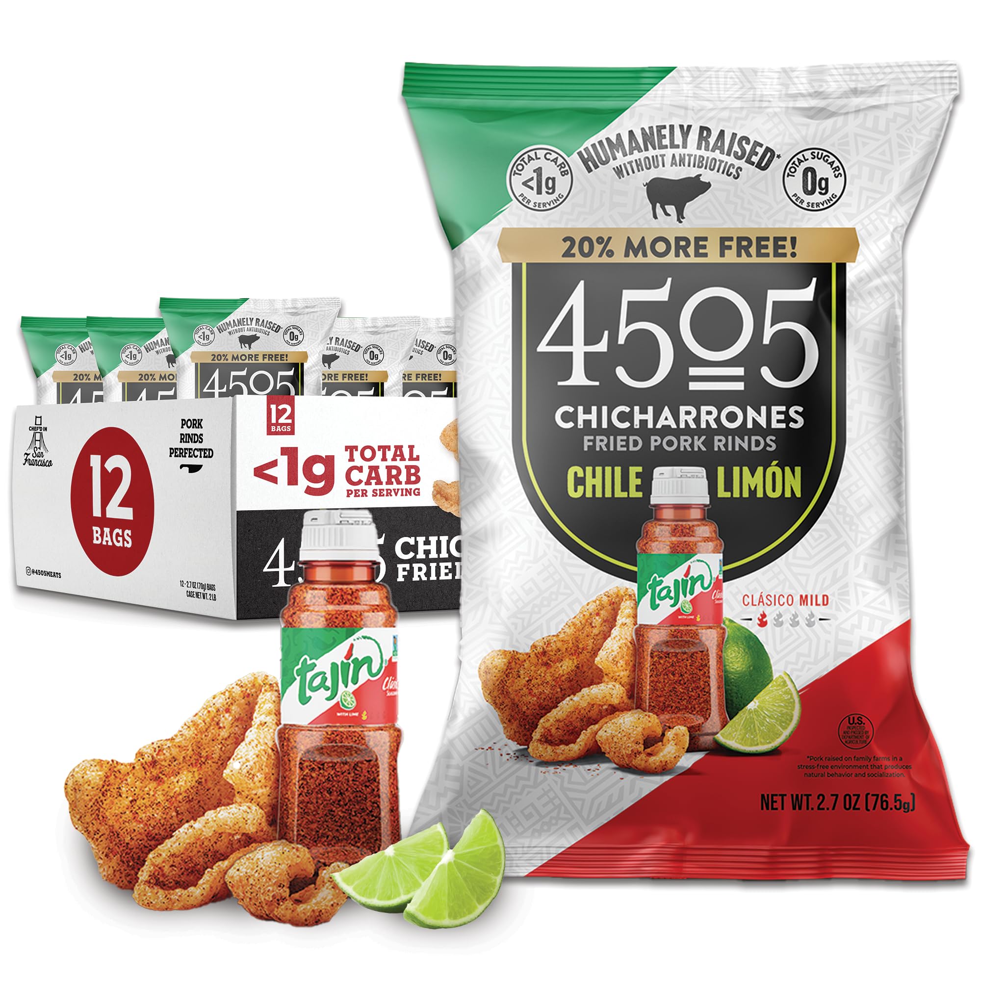 4505 Tajin Seasoned Chicharrones, Fried Pork Rinds - Chile Limon Mild Flavored Pork Skins - Low Carb, Gluten-Free, Protein Snack - 2.7oz (Pack of 12)