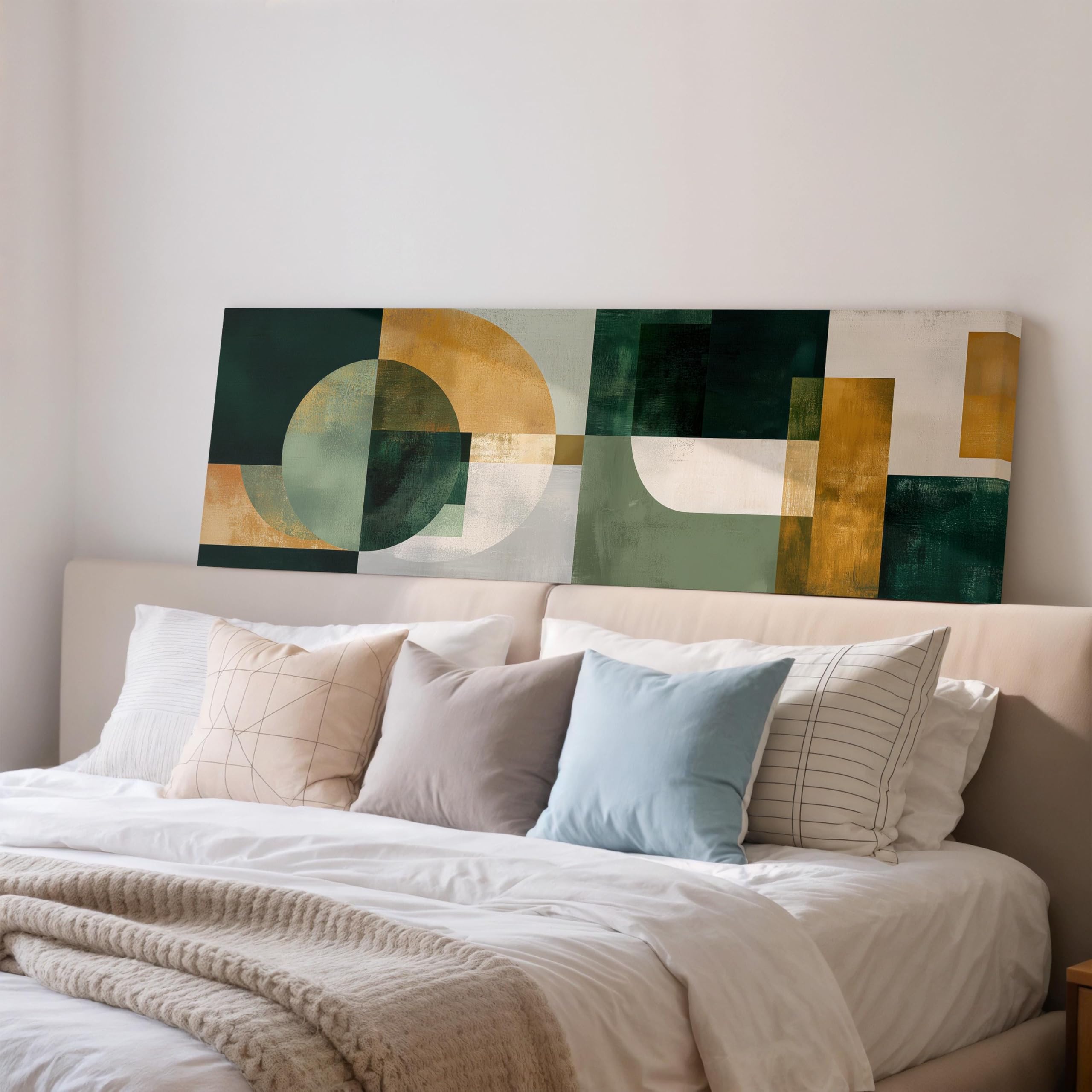 XBTYKPB Mid Century Art, Horizontal Canvas Wall Art, Wide Panoramic, Large Framed Canvas Print, Green Gold Geometric Painting(30x90cm/Frameless)