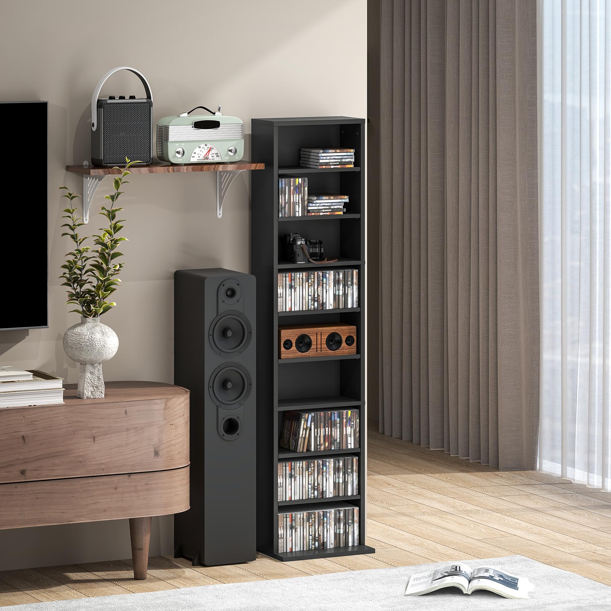 HOMCOM CD- und DVD-Aufbewahrung, Multimedia-Aufbewahrungsmöbel, max. Kapazität 260 CDs/120 DVDs, 9 Fächer und 6 verstellbare Regalböden, für Wohnzimmer, Schlafzimmer, Büro, 33 x 24 x 140 cm, schwarz | Multimedia-Aufbewahrungsschrank, 9 Fächer, 6 verstellb