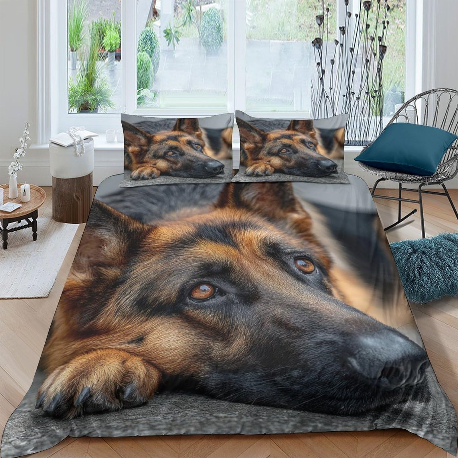 Taie de couette Berger Allemand 3D lavable et séchant rapide pour grand lit