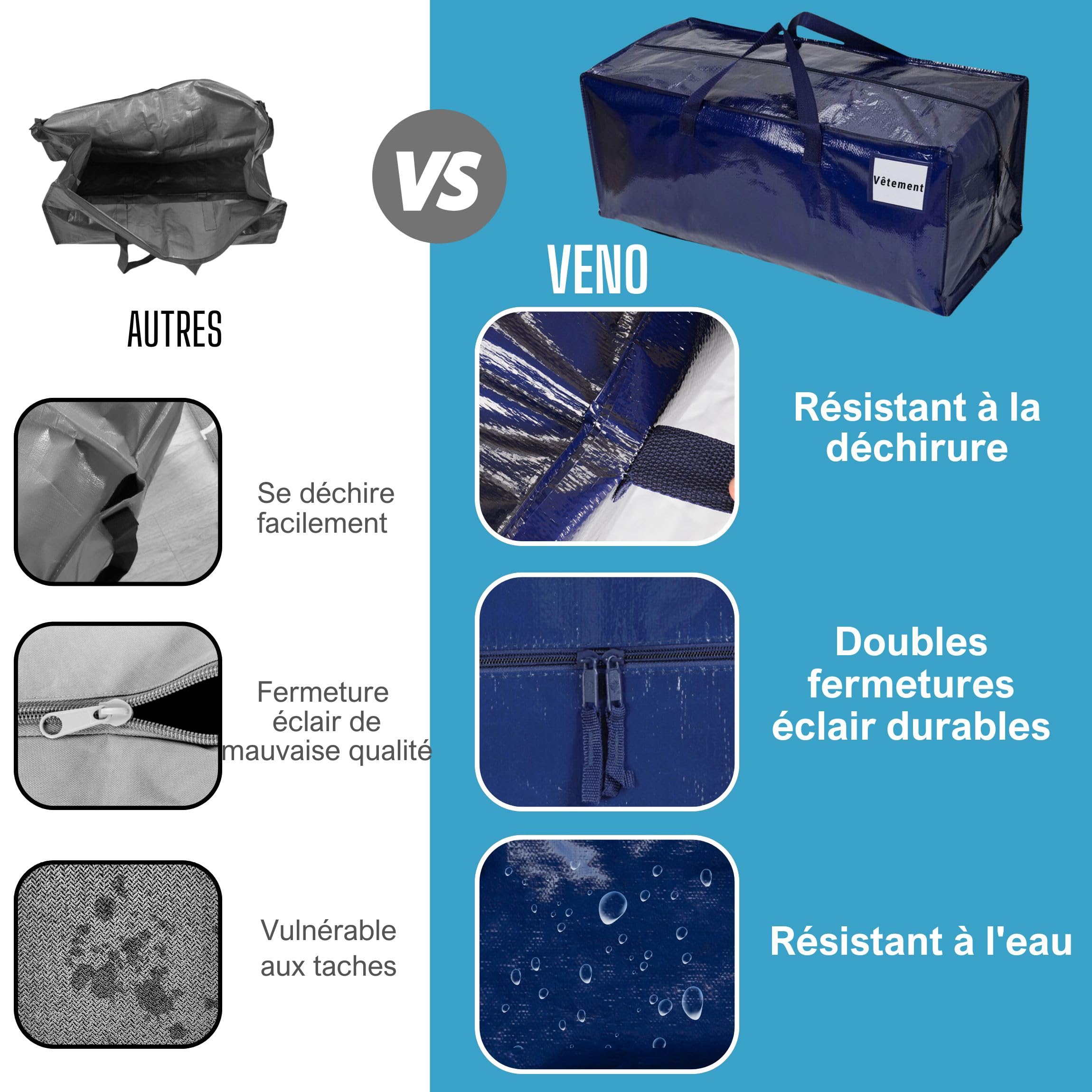 VENO Lot de 4 Sac Rangement Vêtements grand, Sacs Déménagement Pliable avec Sangles de Sac à Dos et Poignées Solides, Alternatives aux Cartons de Déménagement (Bleu, Lot de 4)