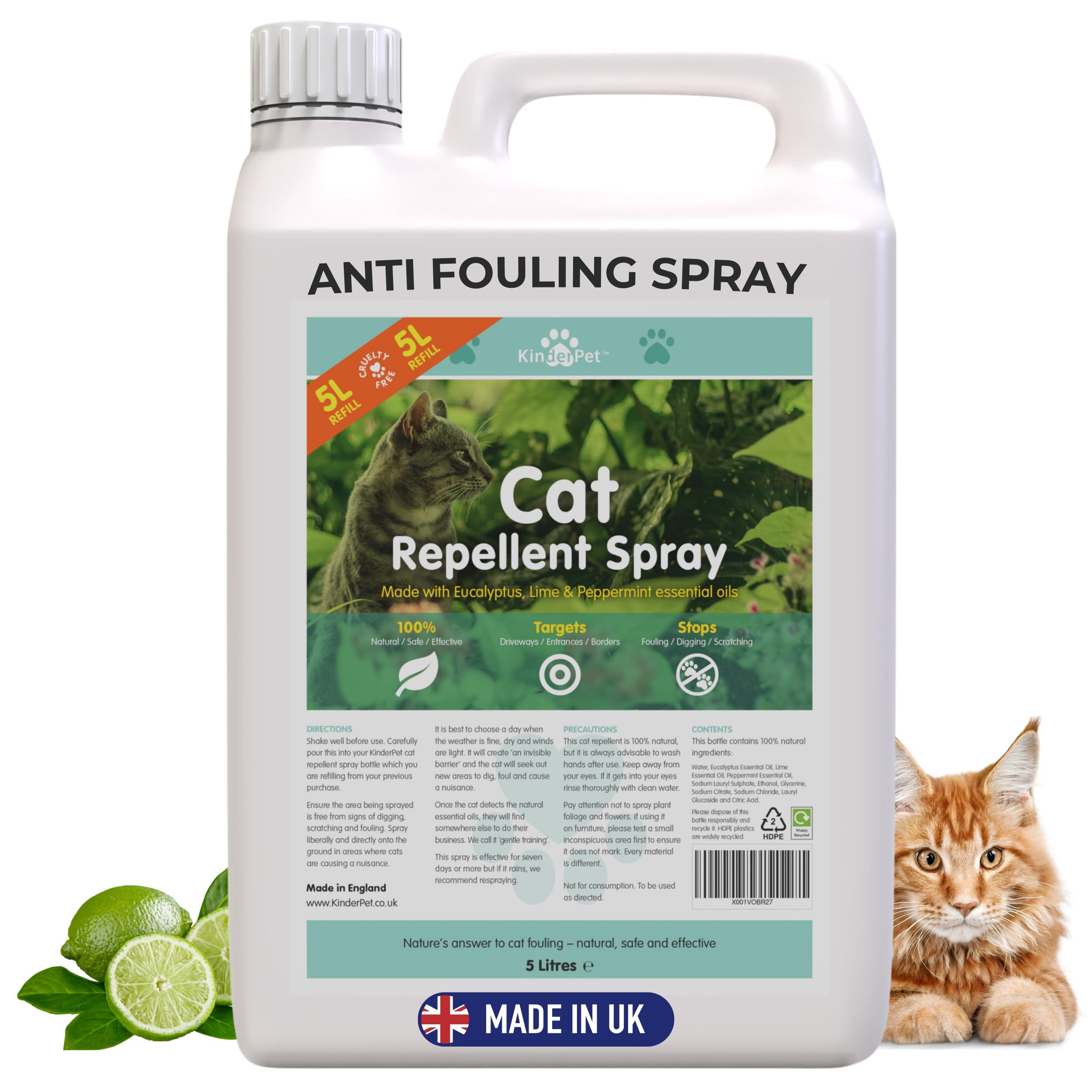 Cat Repellent Stop Cats Anti Fouling Cat Deterrent Stop Fouling Pooping Peeing Urinating Scratching Garden Eucalyptus Lime Peppermint Big Value 5L Refill