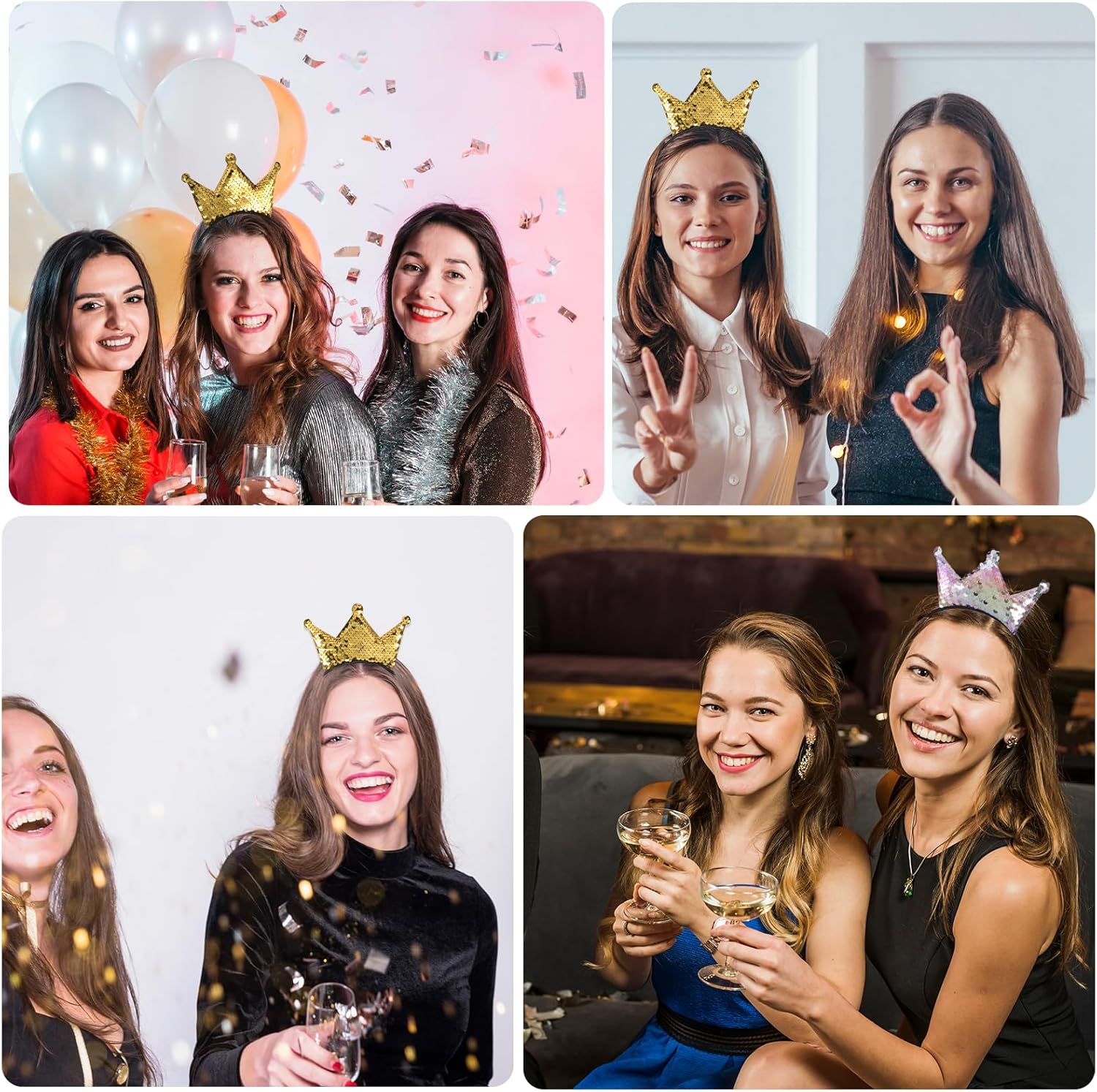 2 Pcs Sequin Crown Headband, Glitter Birthday Crown Princess Crowns Gold Headband Tiara Headbands Princess Party Favors Birthday Headbands Hair Hoop Hairbands for Adult Woman Girl Party (Pink, Yellow) - Image 4