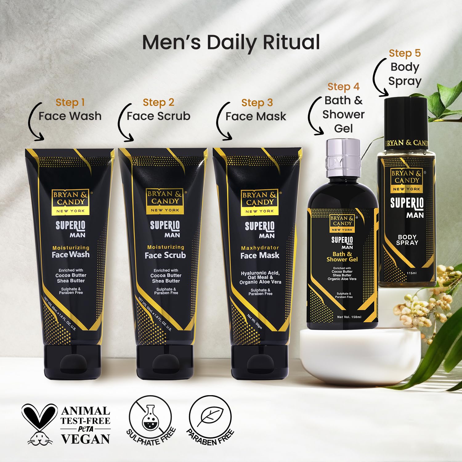 BRYAN & CANDY Superio Complete Face & Body Care Kit | Gift Set For Men | Shower Gel, Face Wash, Face Mask,Face Scrub, Fragrance Mist | 100% Vegan | Ph 5.5 Skin Friendly Black