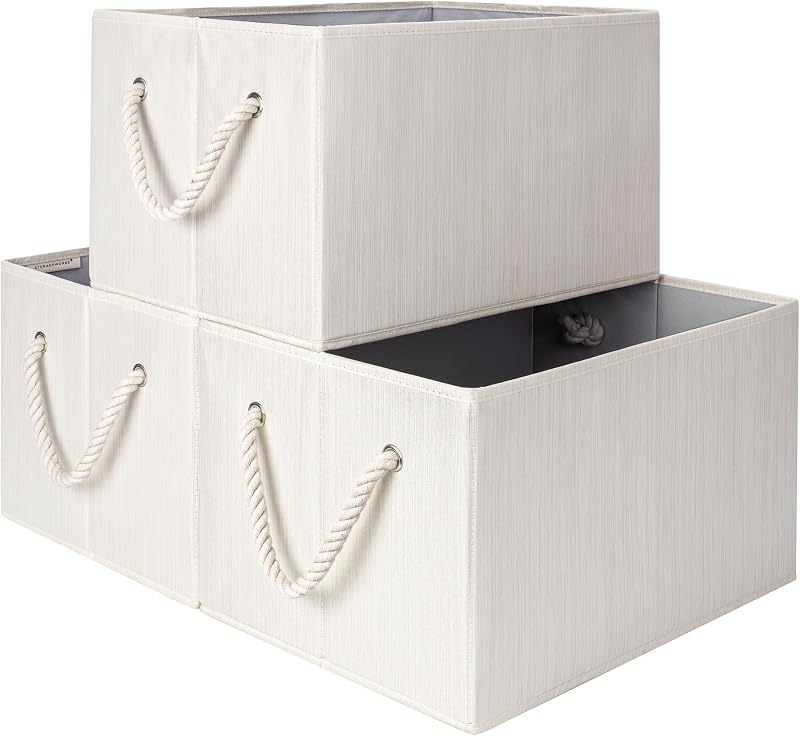 Fabric Storage Bins with Rope Handles, Beige, Extra Large | Collapsible Closet Storage Bins, Closet Organizer Bins for Clothes, Fabric Shelf Baskets and Storage